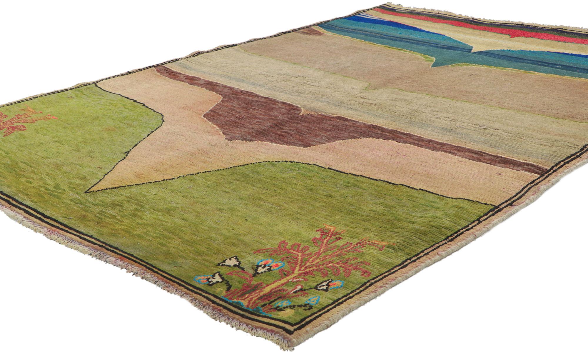 61073 vintage Persian landscape Gabbeh rug inspired by Helen Frankenthaler 04'01 x 06'00. Showcasing a landscape scene and an geological structural V-design, this hand knotted wool vintage Persian Gabbeh rug is a captivating vision of woven beauty.