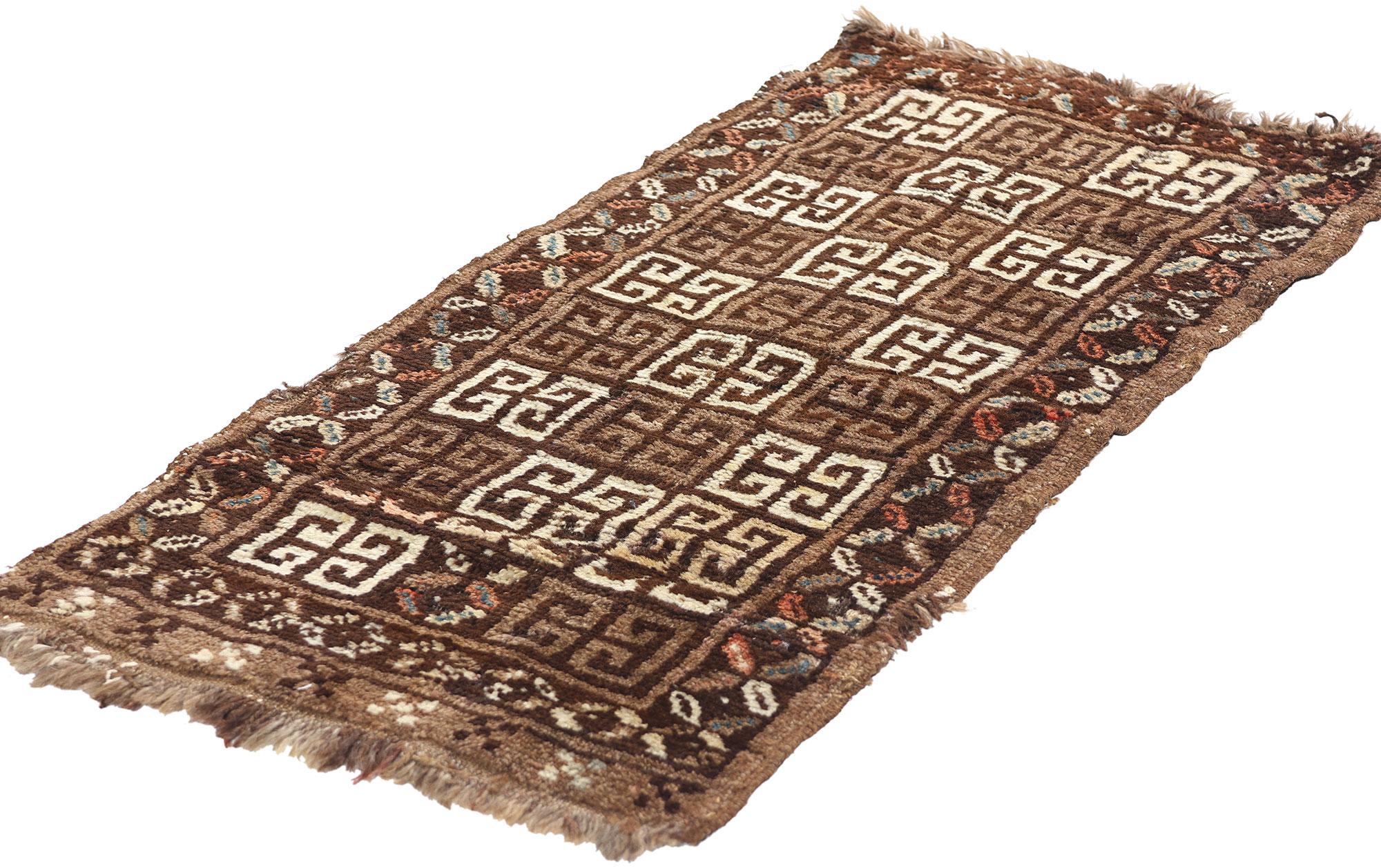 78901 Vintage Persian Lori Rug, 01'06 x 03'00. This hand-knotted wool vintage Persian Lori rug exudes tribal enchantment with its allover geometric design and timeless Greek Key pattern. The meticulous arrangement of the Greek Key motifs, known for