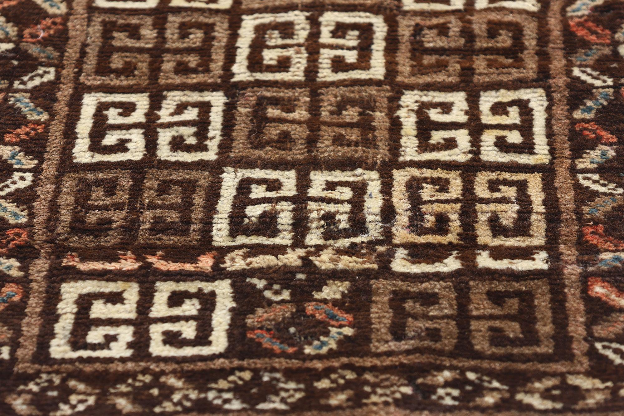 Vintage Persian Lori Greek Key Checkerboard Carpet In Good Condition For Sale In Dallas, TX
