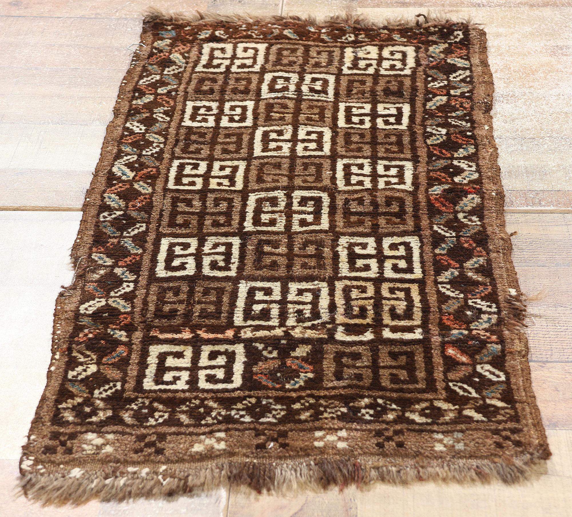Vintage Persian Lori Greek Key Checkerboard Carpet For Sale 1