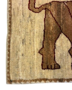 Vintage Persian Lurestan Lion Rug, Folk Art Animal Motif, Beige Brown Wool, 1990