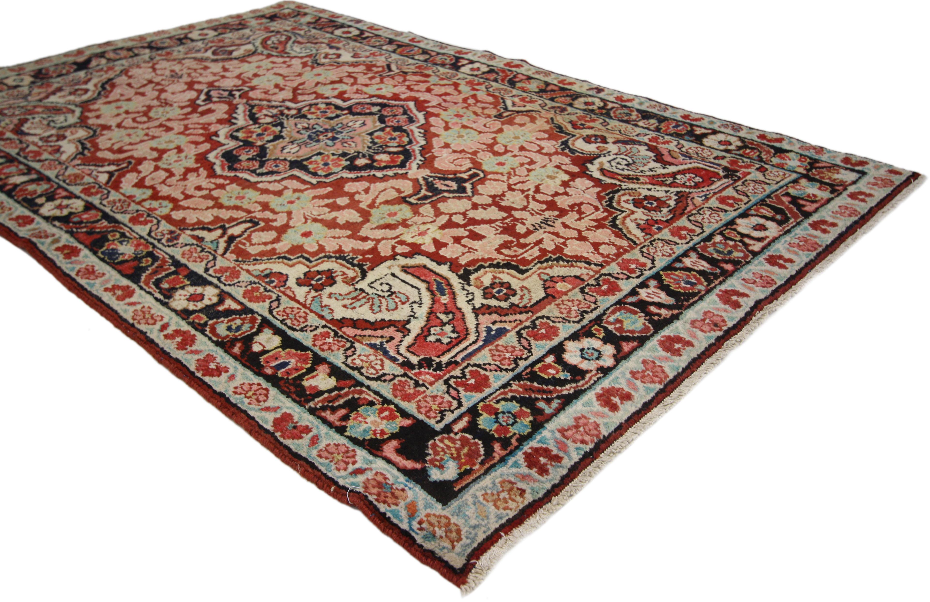 75981 Vintage Persian Mahal Accent Rug with Traditional Victorian Style 04'01 x 06'03. This vintage Persian Mahal accent rug features a diamond-shaped center medallion with trefoil finials and an all-over floral design on a scarlet red field. The