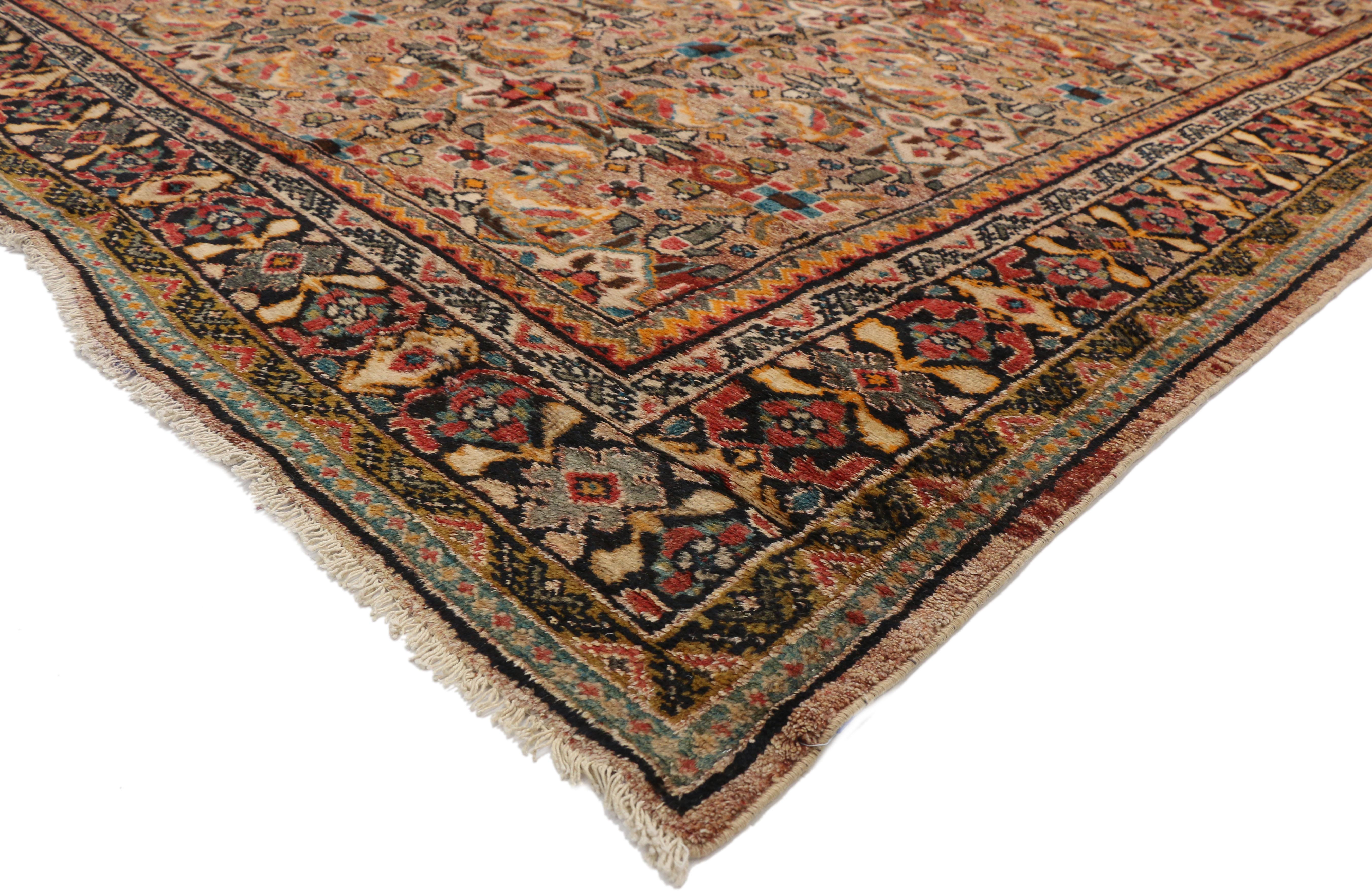 76355 Vintage Persian Mahal Area Rug with Eclectic Modern Northwestern Style 09'03 x 12'07. This hand knotted wool vintage Persian Mahal rug features a lively all-over geometric floral lattice pattern composed of the Mina Khani pattern. The inner