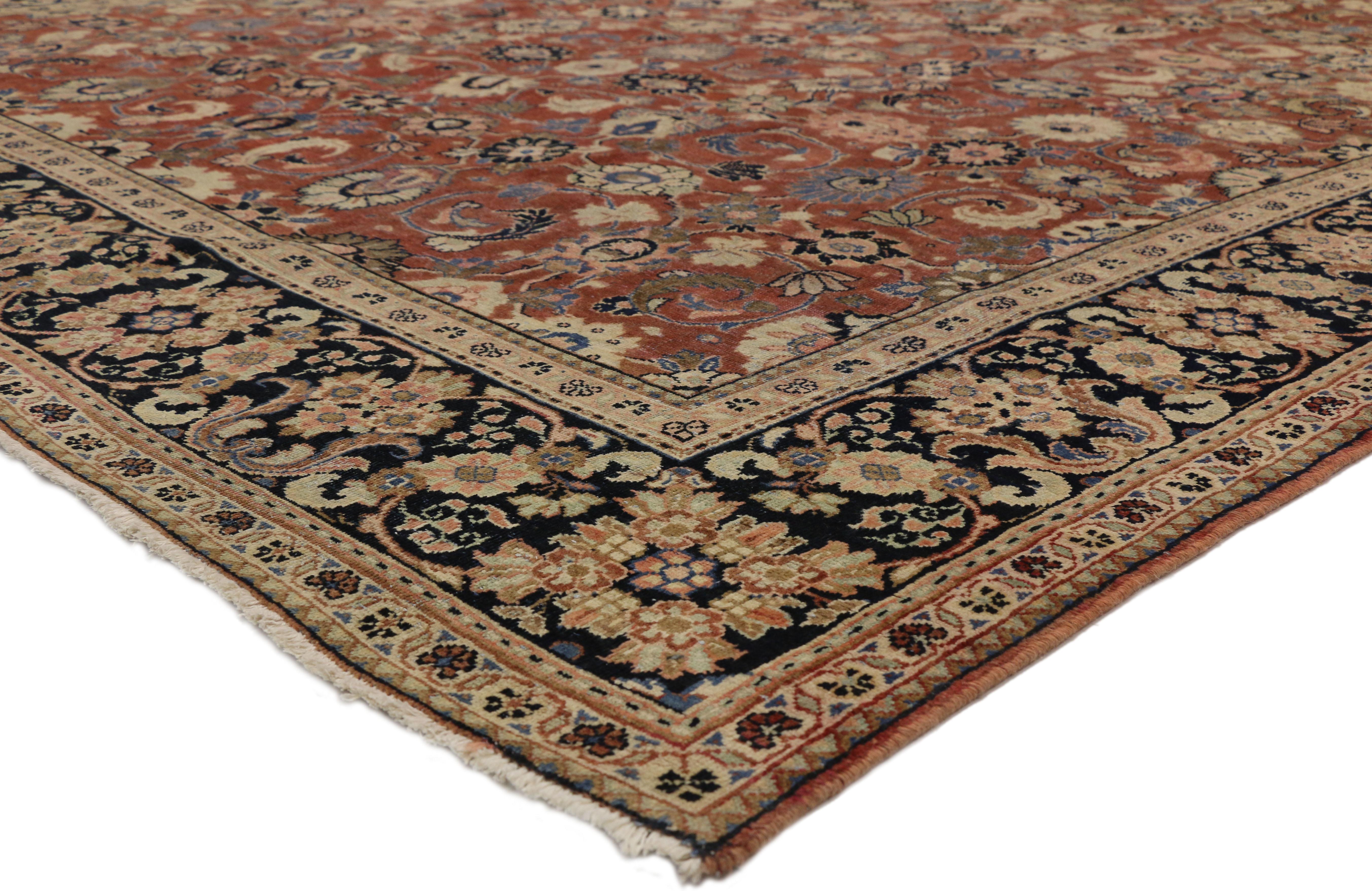 75702 Vintage Persian Mahal Area Rug with Traditional Colonial and Federal Style 10'04 X 13'03. This hand knotted wool vintage Persian Mahal rug with traditional style features an allover pattern of intricate herati florals, swirling vines with
