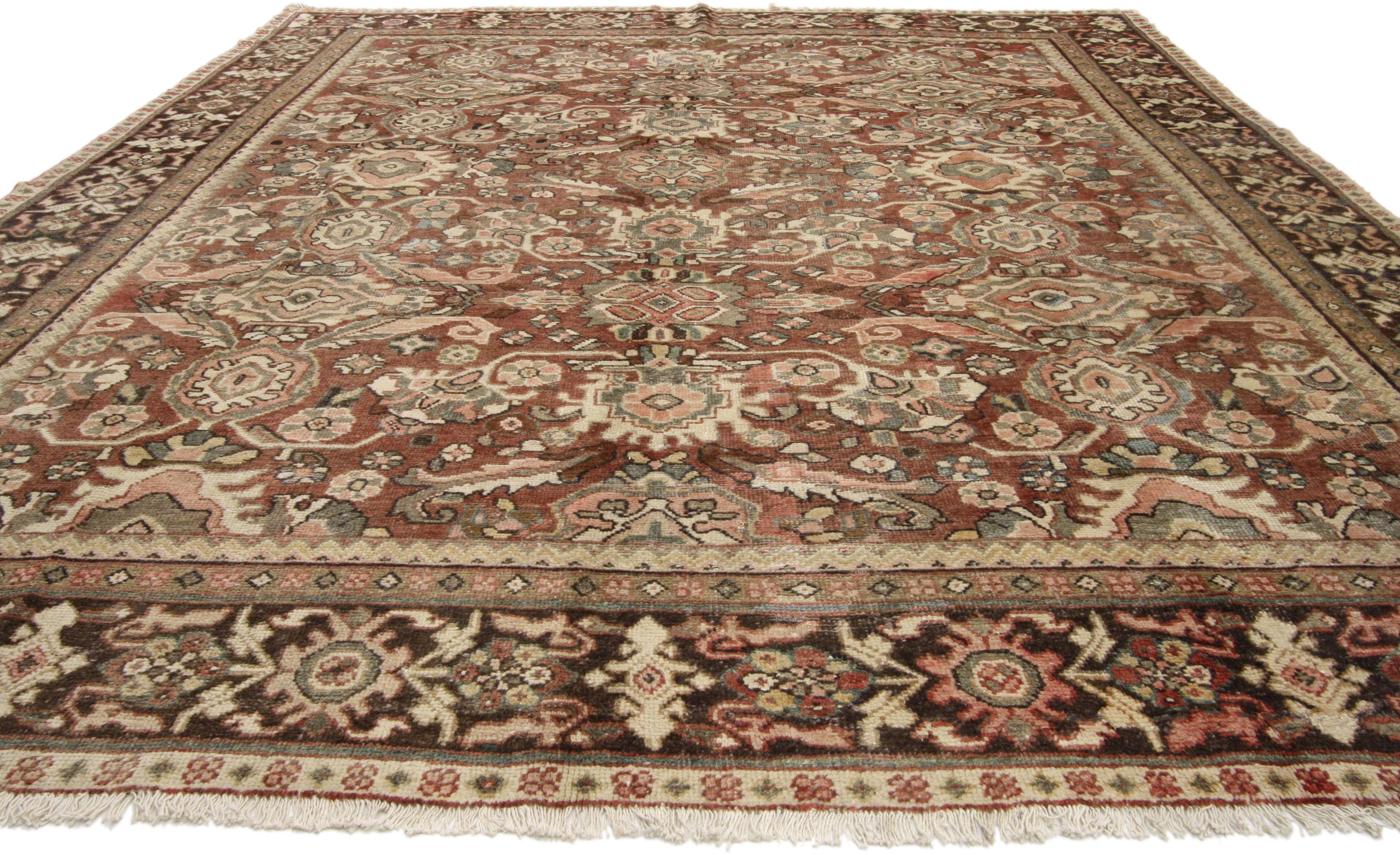 74577 Tappeto persiano vintage Mahal con stile bungalow artigianale 08'11 x 11'04. Con dettagli architettonici classici che aggiungono un'eleganza senza tempo e un senso di storia, questo tappeto Mahal persiano vintage in lana annodata a mano con