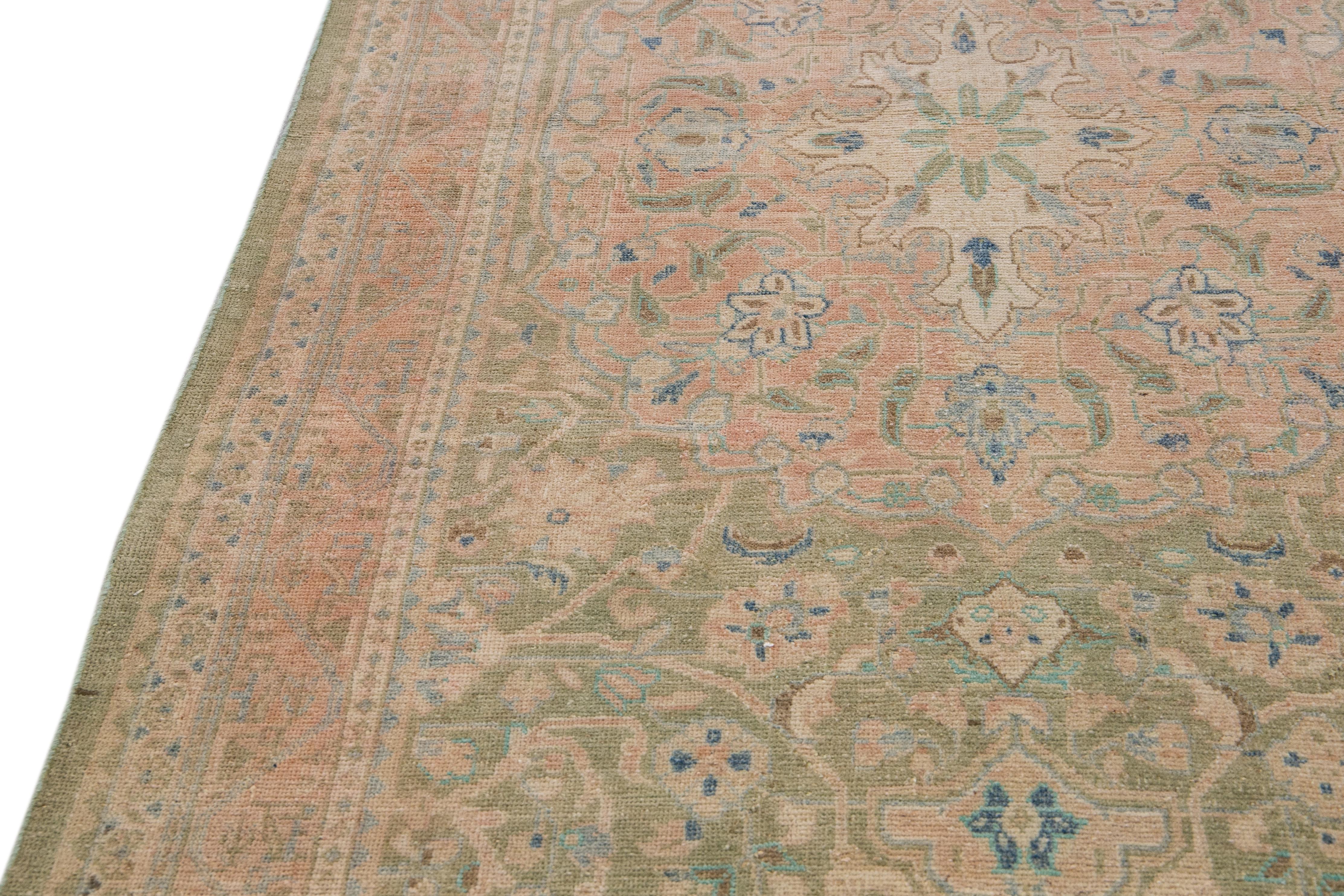 Hand-Knotted Vintage Persian Mahal Handmade Peach Medallion Wool Runner For Sale