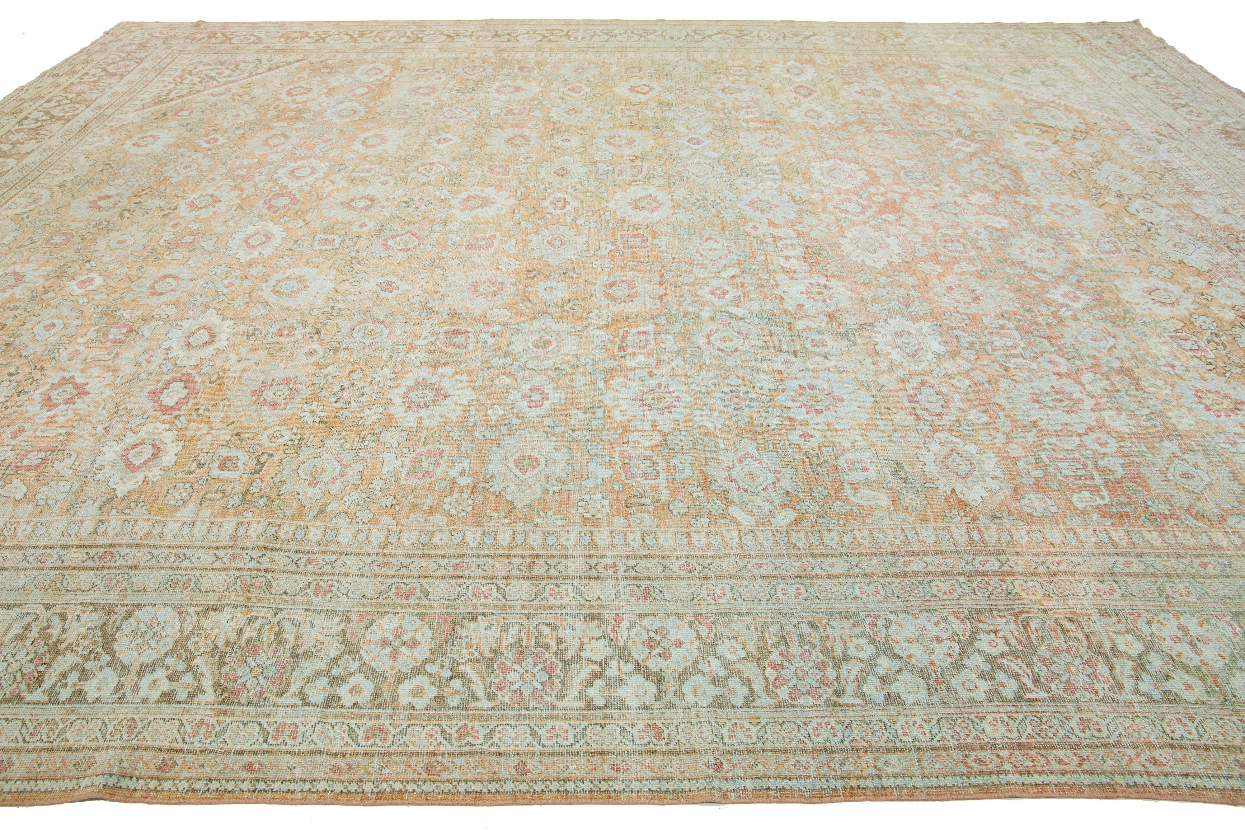 Vintage Persian Mahal Orange Wool Rug Handmade With Allover Motif In Good Condition For Sale In Norwalk, CT