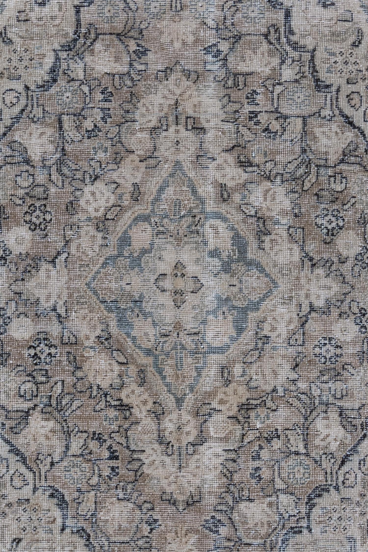 Age: Circa 1930

Colors: navy blue, blue, gray, nude

Pile: low

Wear Notes: 5-6

Material: wool on cotton 

beautiful vintage Mahal with a nude field and contrasting shades of blue and dark gray. 

Wear Guide:
Vintage and antique rugs