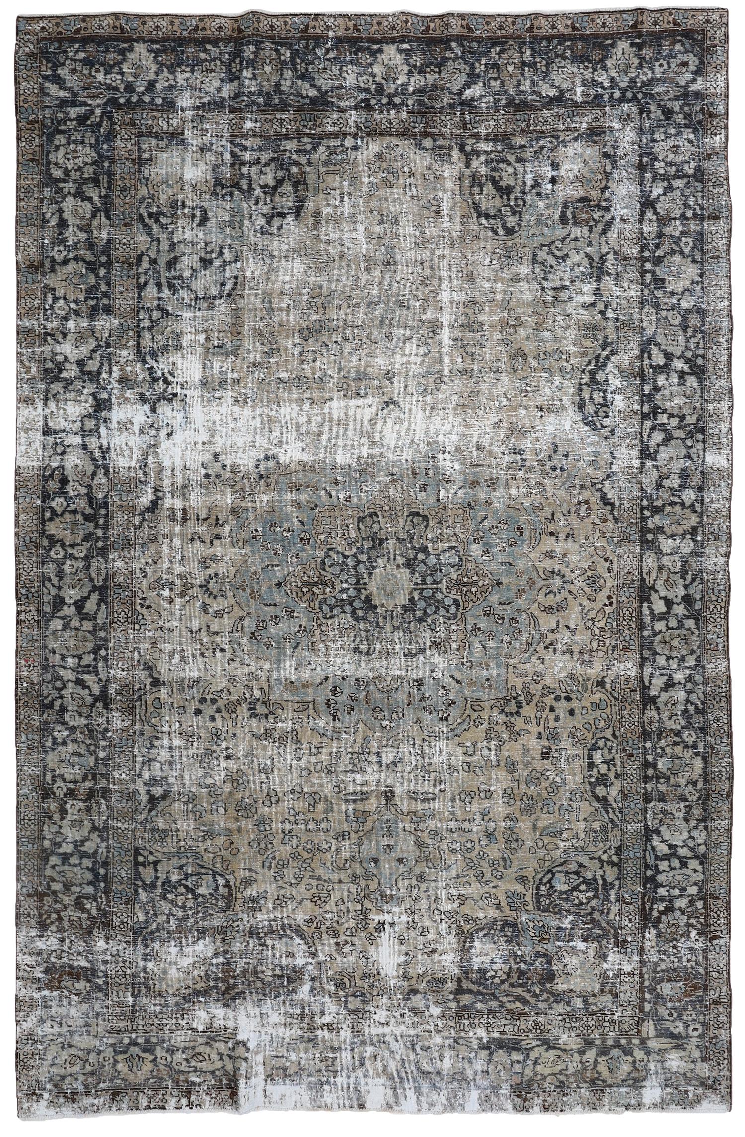 Age: Circa 1930

Colors: taupe, pale blue, deep blue, brown

Pile: low

Wear Notes: 8

Material: Wool on Cotton. 

Moody vintage Persian Mahal with an overall cool tone and mysterious deep colors. The blackened blue is a gorgeous contrast