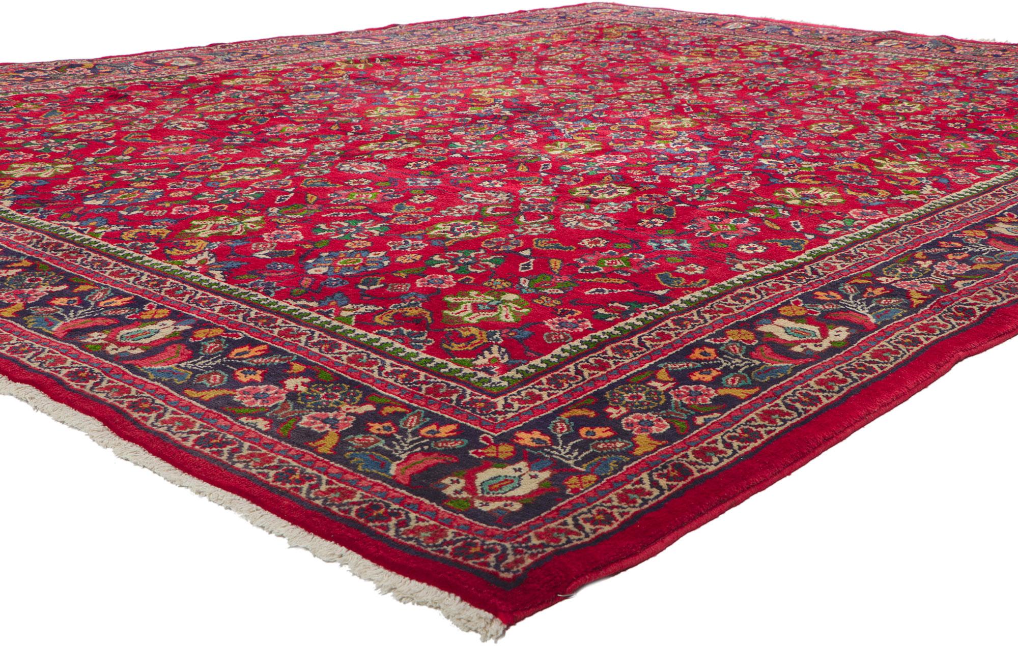61095 Vintage Persian Mahal Rug, 08'07 x 11'07?
? With its beguiling ornamental elements, incredible detail and texture, this hand knotted wool vintage Persian Mahal rug is a captivating vision of woven beauty. The timeless botanical design and