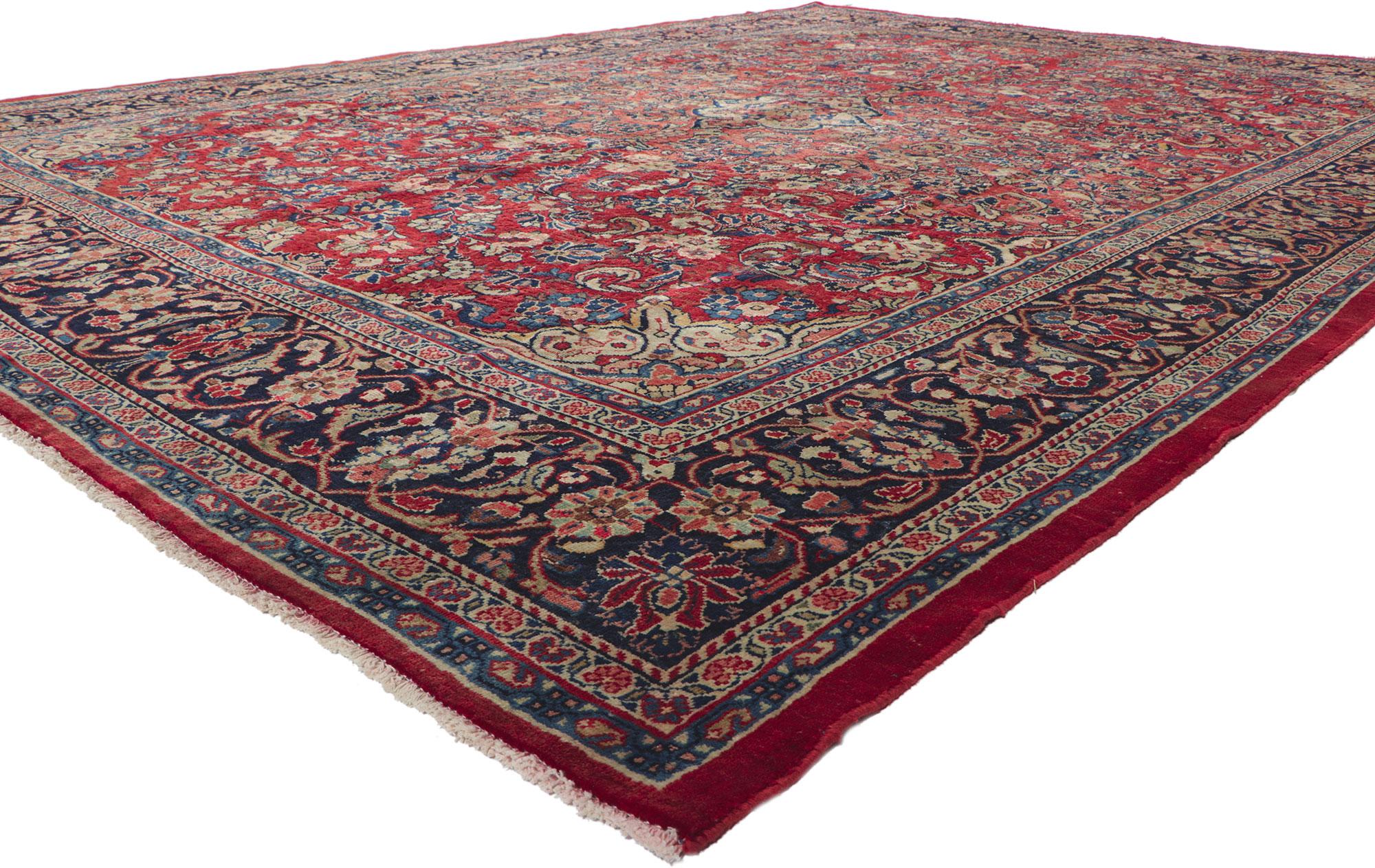 ?61205 vintage Persian Mahal rug, 10'03 x 14'02.
?With its beguiling ornamental elements, incredible detail and texture, this hand knotted wool vintage Persian Mahal rug is a captivating vision of woven beauty. The timeless botanical design and