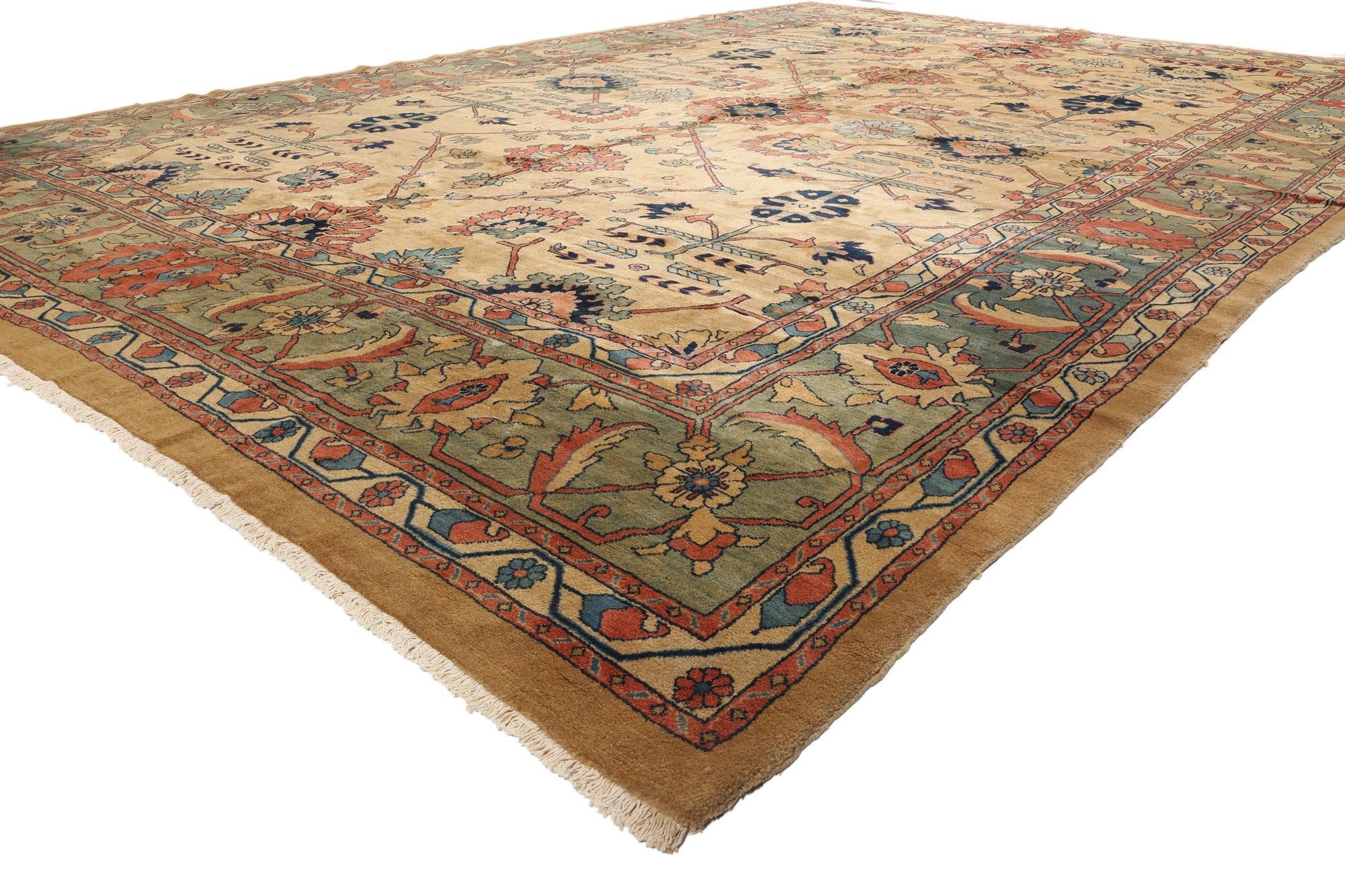 75828 Tappeto persiano Vintage Mahal sovradimensionato, 13'04 x 18'04. Immergiti nella bellezza senza tempo di questo tappeto persiano Mahal vintage in lana annodato a mano, un capolavoro di arte e artigianato. Lo sfondo marrone caldo del tappeto