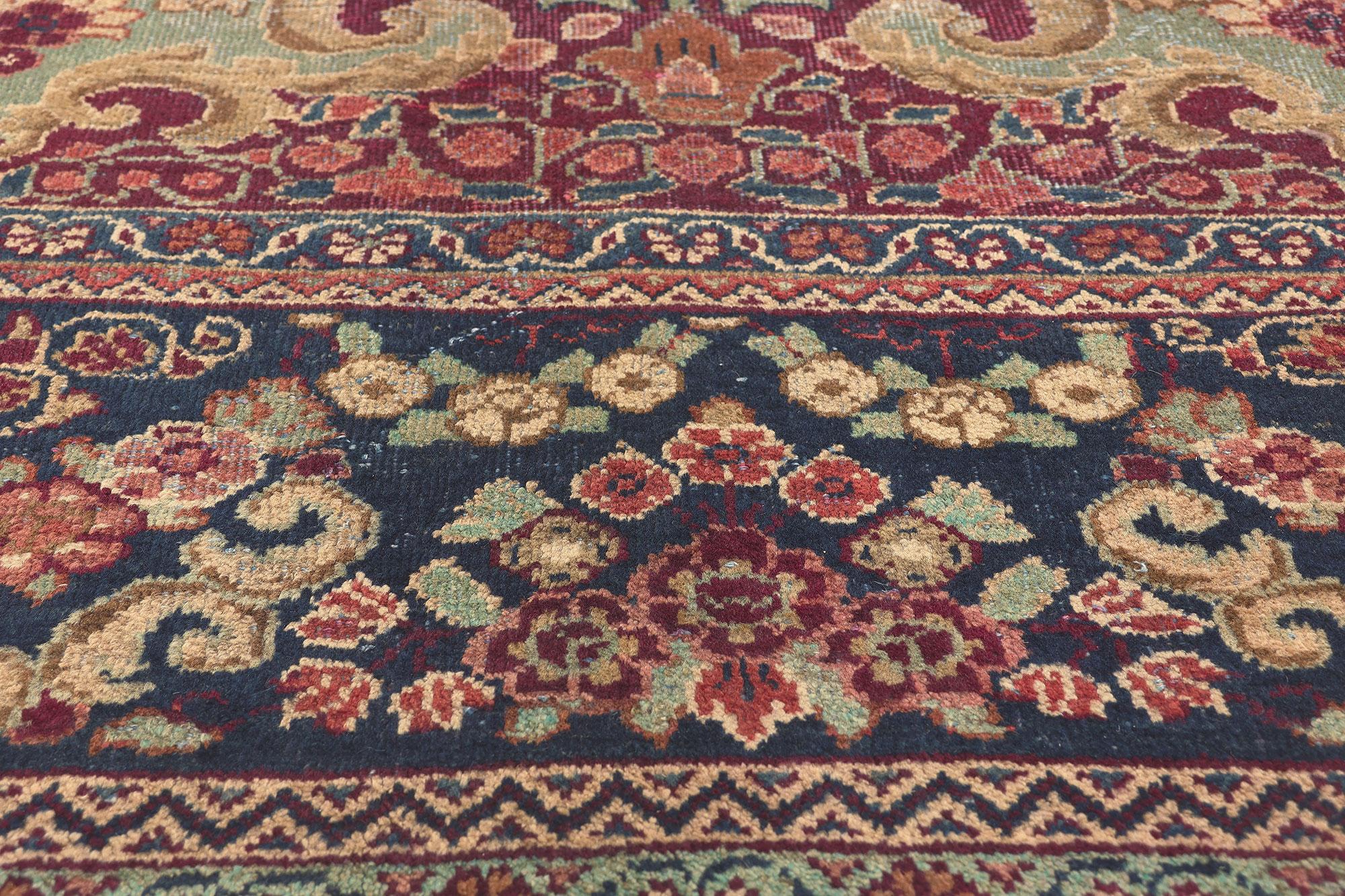 Vintage Persian Mahal Rug, French Rococo Meets Relaxed Refinement In Distressed Condition For Sale In Dallas, TX