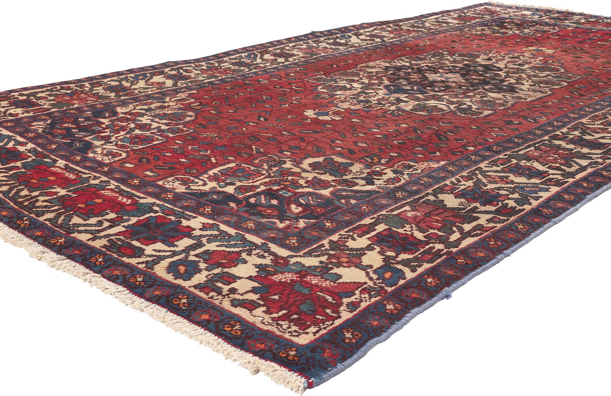 74581 Vintage Persian Mahal Rug, 05’01 x 09’11. 
Perpetually posh meets Elizabethan style in this hand knotted wool vintage Persian Mahal rug. The eye-catching decorative details and rich color palette woven into this piece work together resulting