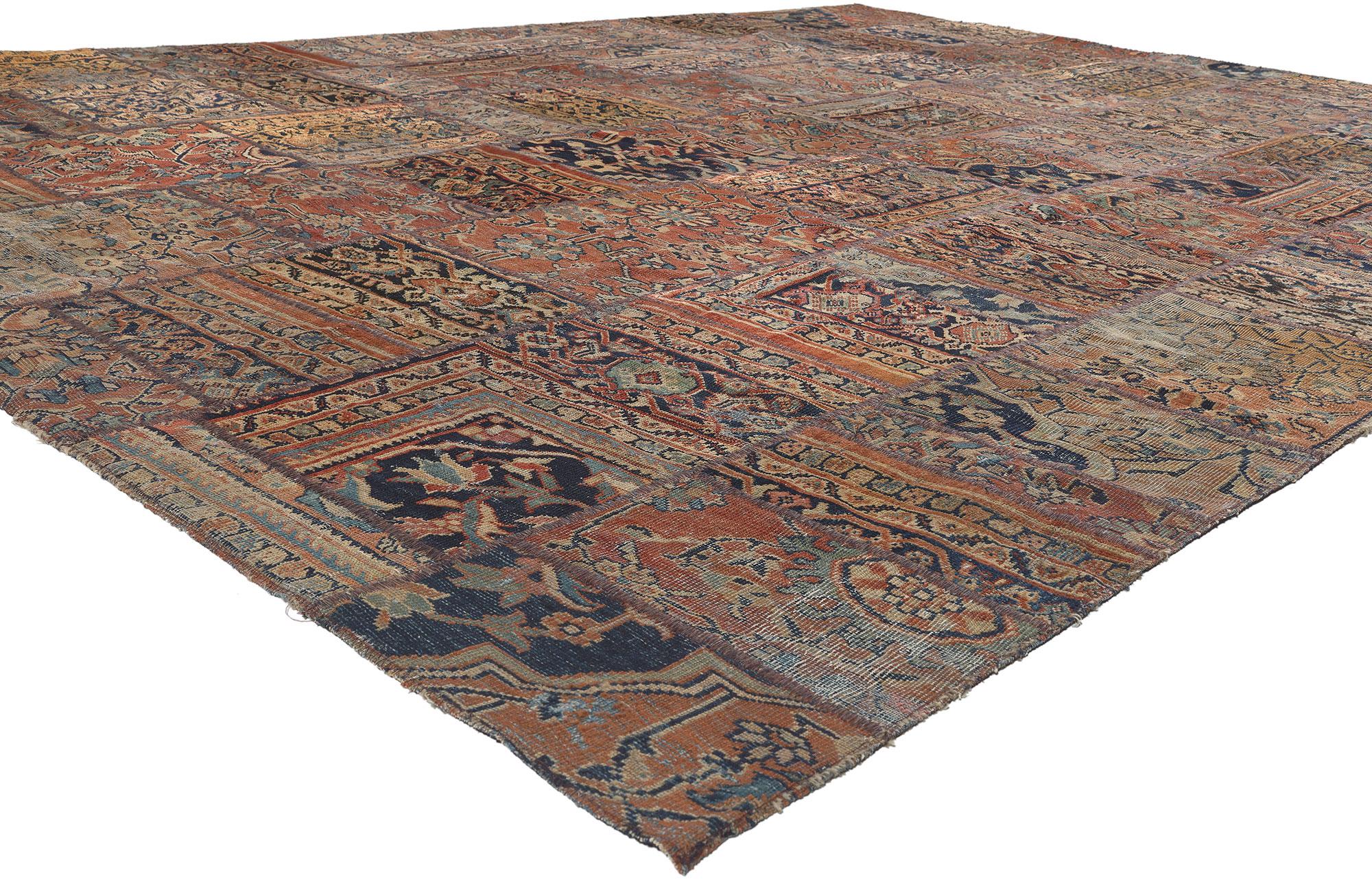 78601 Distressed Vintage Persian Mahal Patchwork Rug, 09'06 x 13'02. In the fusion of Modern Industrial style and rugged beauty, discover the artistry of this hand knotted wool vintage Persian Mahal patchwork rug—an embodiment of sustainable design