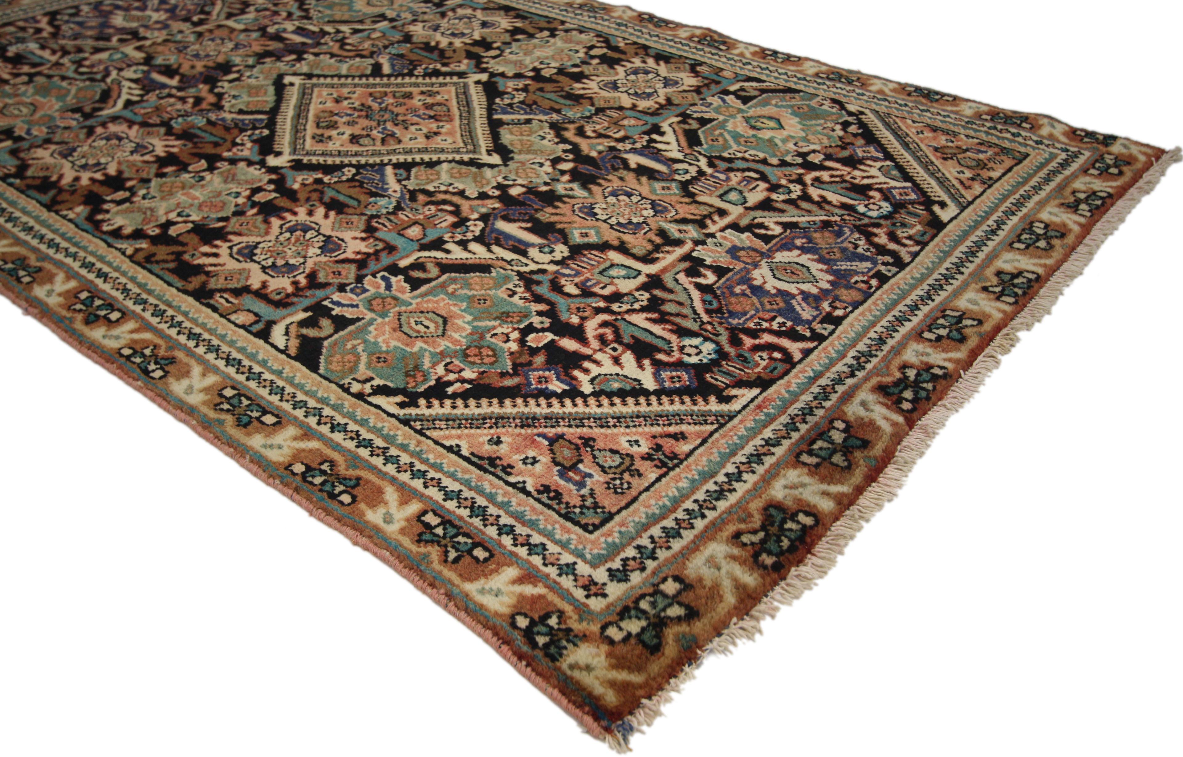 75329 Vintage Persian Mahal Rug with Traditional Style Kitchen, Foyer or Entry Rug 04'01 X 06'07. This hand-knotted wool vintage Persian Mahal rug features a diamond medallion with comb-like edges and complementary spandrels surrounded by