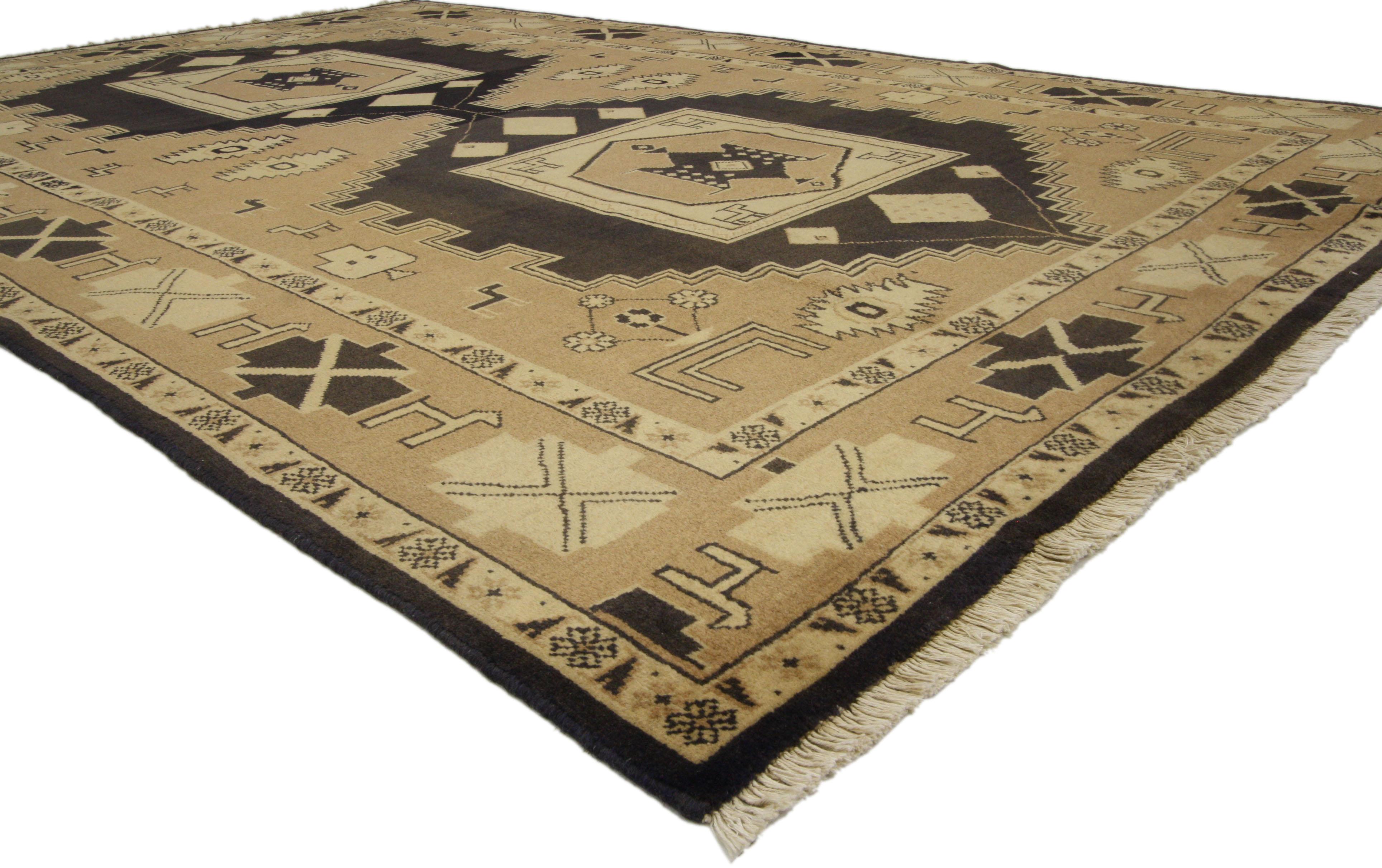 75831, vintage Persian Mahal rug with Mid-Century Modern Tribal style. Hand knotted wool vintage Persian Mahal rug with modern tribal style features two stacked geometric medallions in an open brown and creamy-beige field surrounded by a