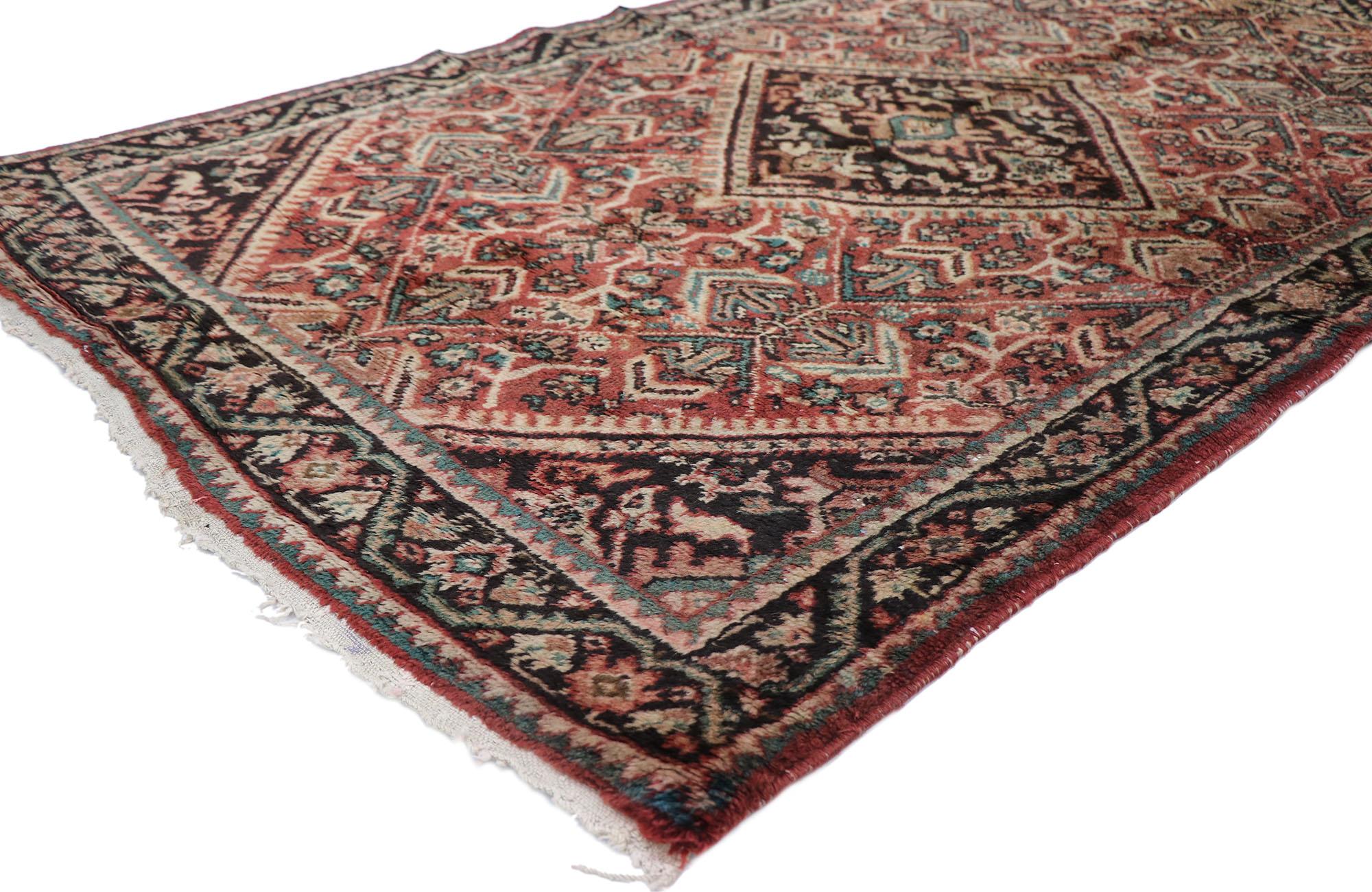 77688 Vintage Persian Mahal rug with Rustic Modern Style 04'00 x 06'04. Effortless beauty and rustic sensibility, this hand-knotted wool vintage Persian Persian Mahal rug gives a lively and light hearted feel with its bucolic charm. The abrashed