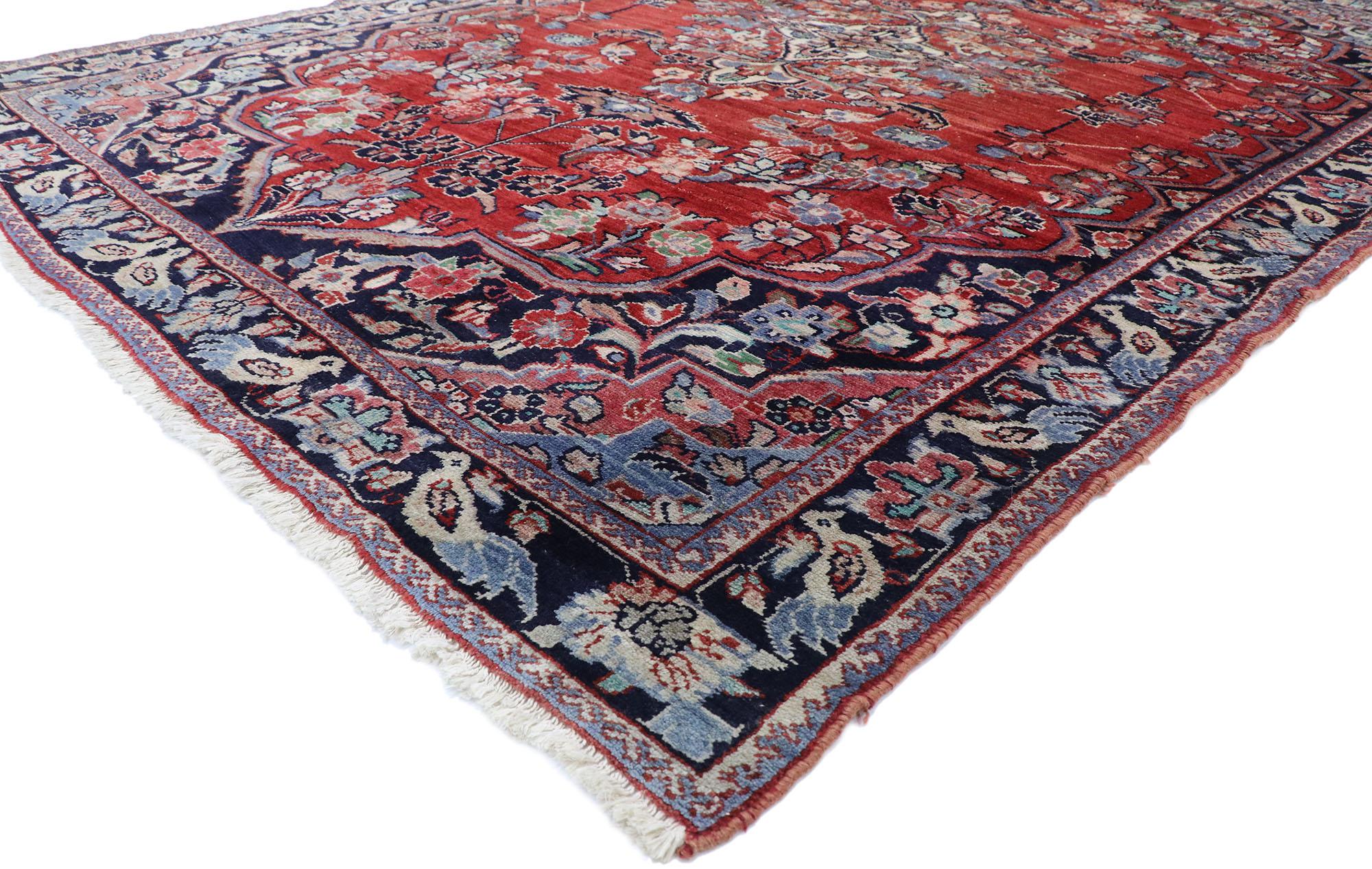 74965 Vintage Persian Mahal Rug with Old World Victorian Style 06’10 x 09’03. Rich in color, texture and beguiling ambiance, this hand knotted wool vintage Persian Mahal rug beautifully displays timeless elegance and regal charm. The abrashed ruby
