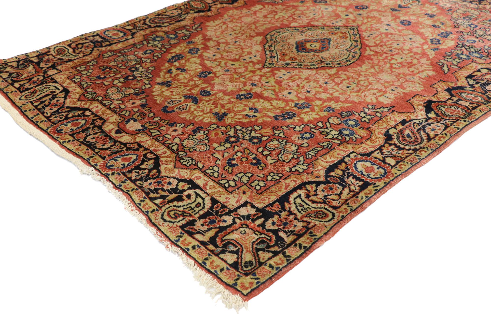 77598 vintage Persian Mahal rug with rustic Romantic Traditional style. Traditional style and rustic sensibility with romantic connotations, this hand-knotted wool vintage Persian Mahal rug is a vision of woven beauty. The abrashed rusty rose