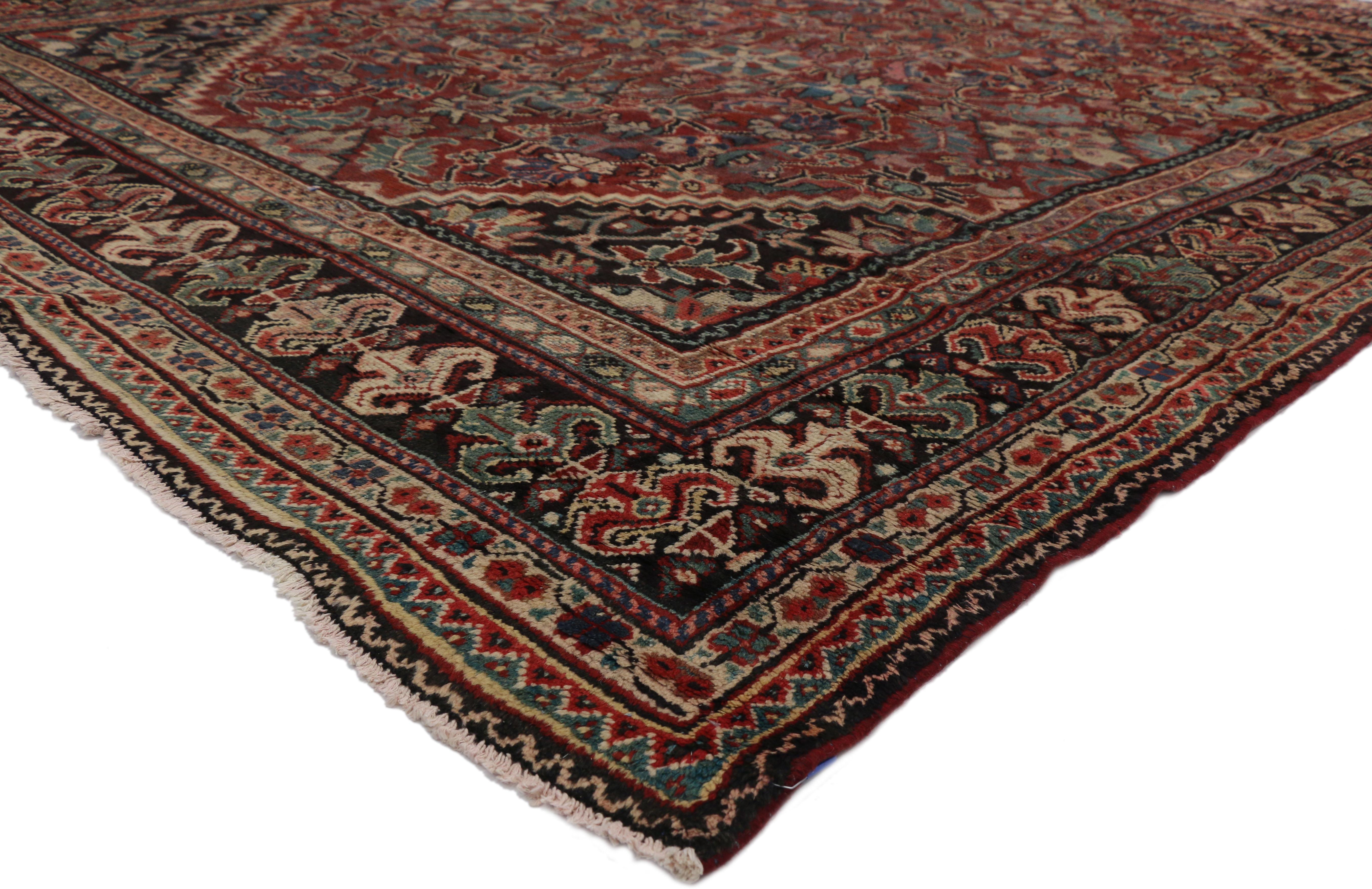 76251 Vintage Persian Mahal Rug with Rustic English Traditional Style 09'09 X 12'00. Warm and inviting, this hand-knotted wool vintage Persian Mahal rug features an all-over geometric floral and palmette pattern. It is enclosed by contrasting