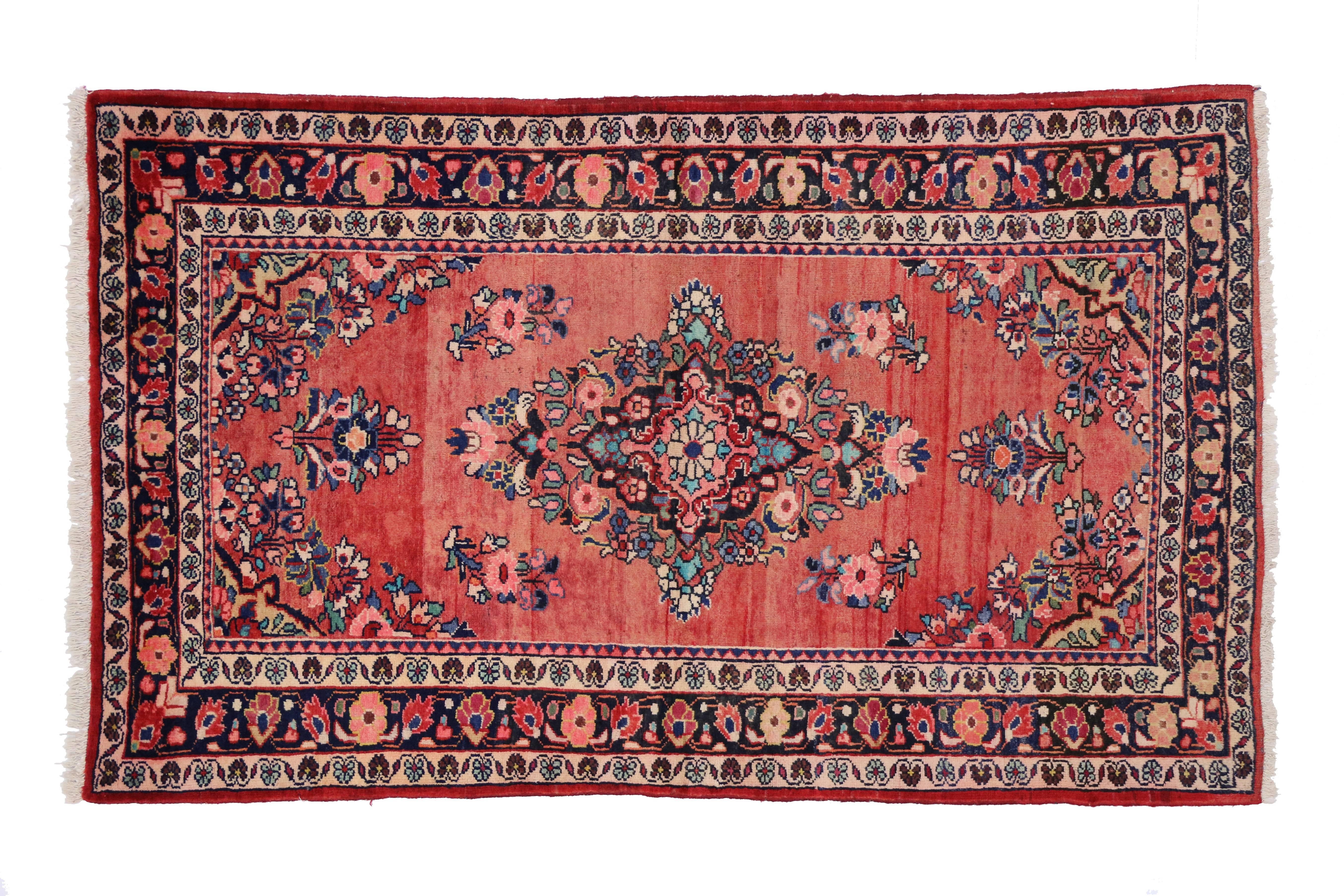 75192 vintage Persian Mahal rug with traditional style. This hand-knotted wool vintage Persian Mahal rug features a centre medallion in an abrashed field surrounded by floral bouquets enclosed by complementary spandrels and a classic border creating