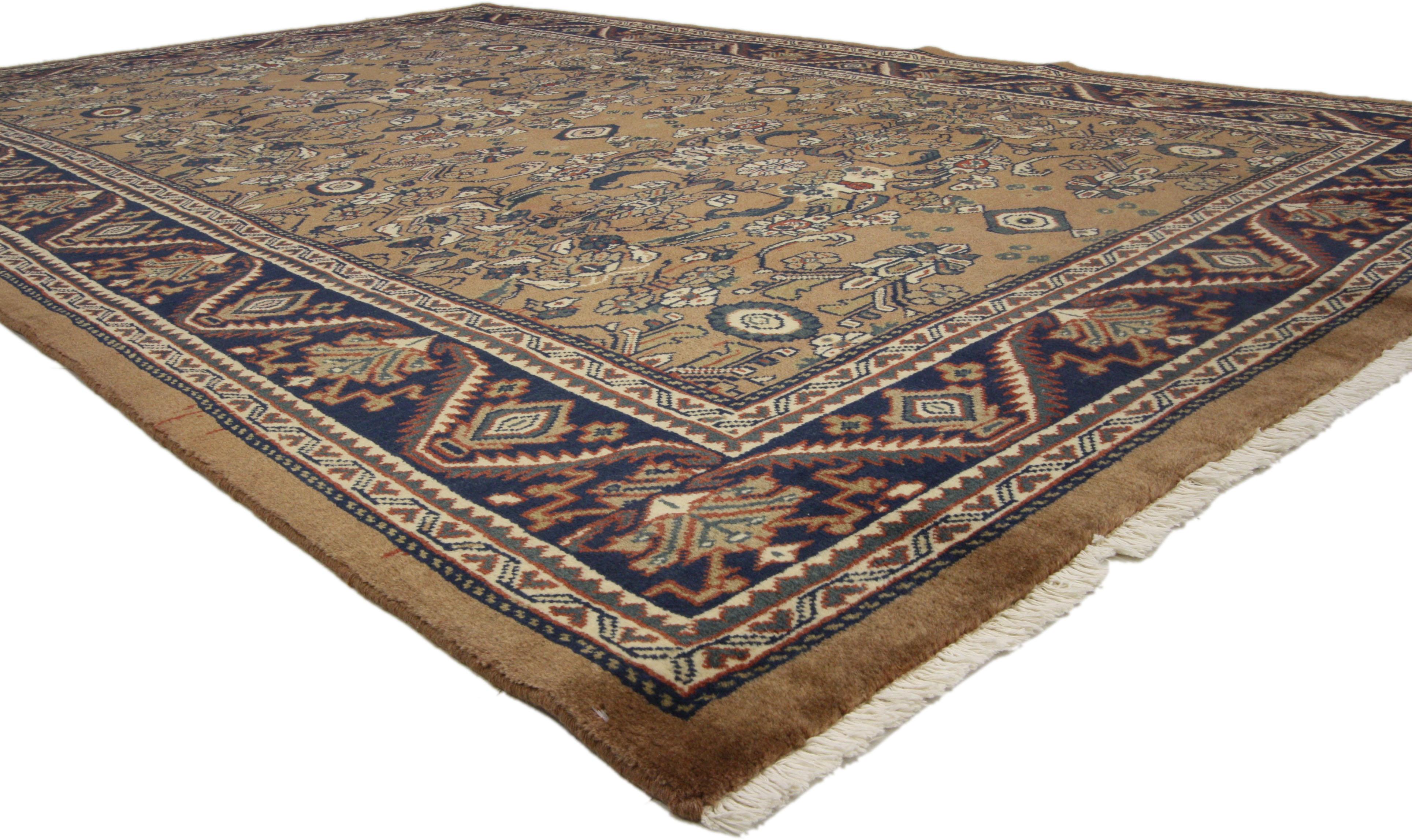 75834 Vintage Persian Mahal Rug, 06'08 x 10'02. Warm and inviting with timeless elegance, this hand-knotted wool vintage Persian Mahal rug is a captivating vision of woven beauty. The large-scale Mina Khani design earthy colorway woven into this