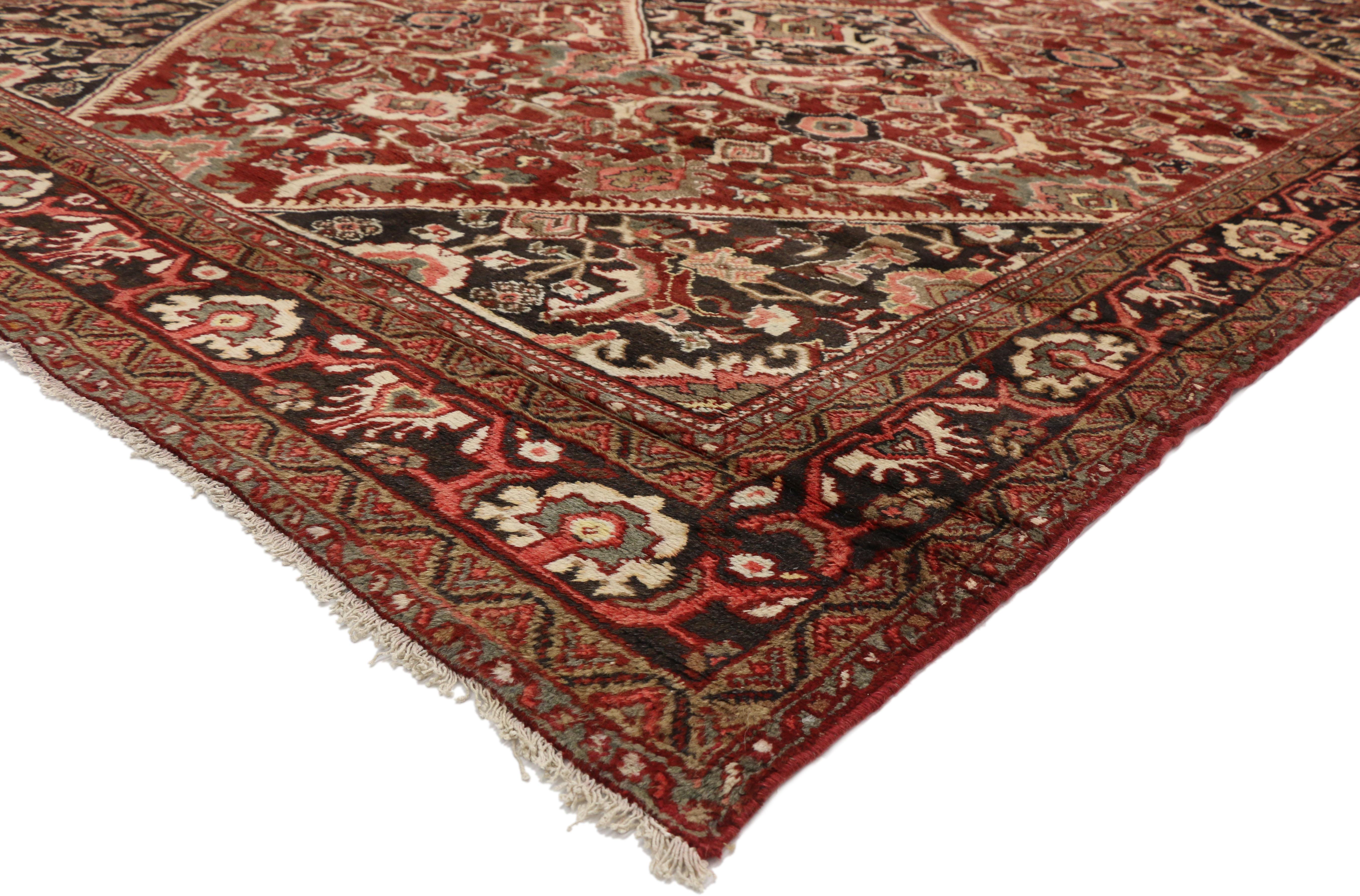 76317 Vintage Persian Mahal Rug with English Traditional Style 09'08 x 13'05. ​​With its timeless design and architectural elements of naturalistic forms, this hand knotted wool vintage Persian Mahal rug beautifully embodies a warm Arts and Crafts