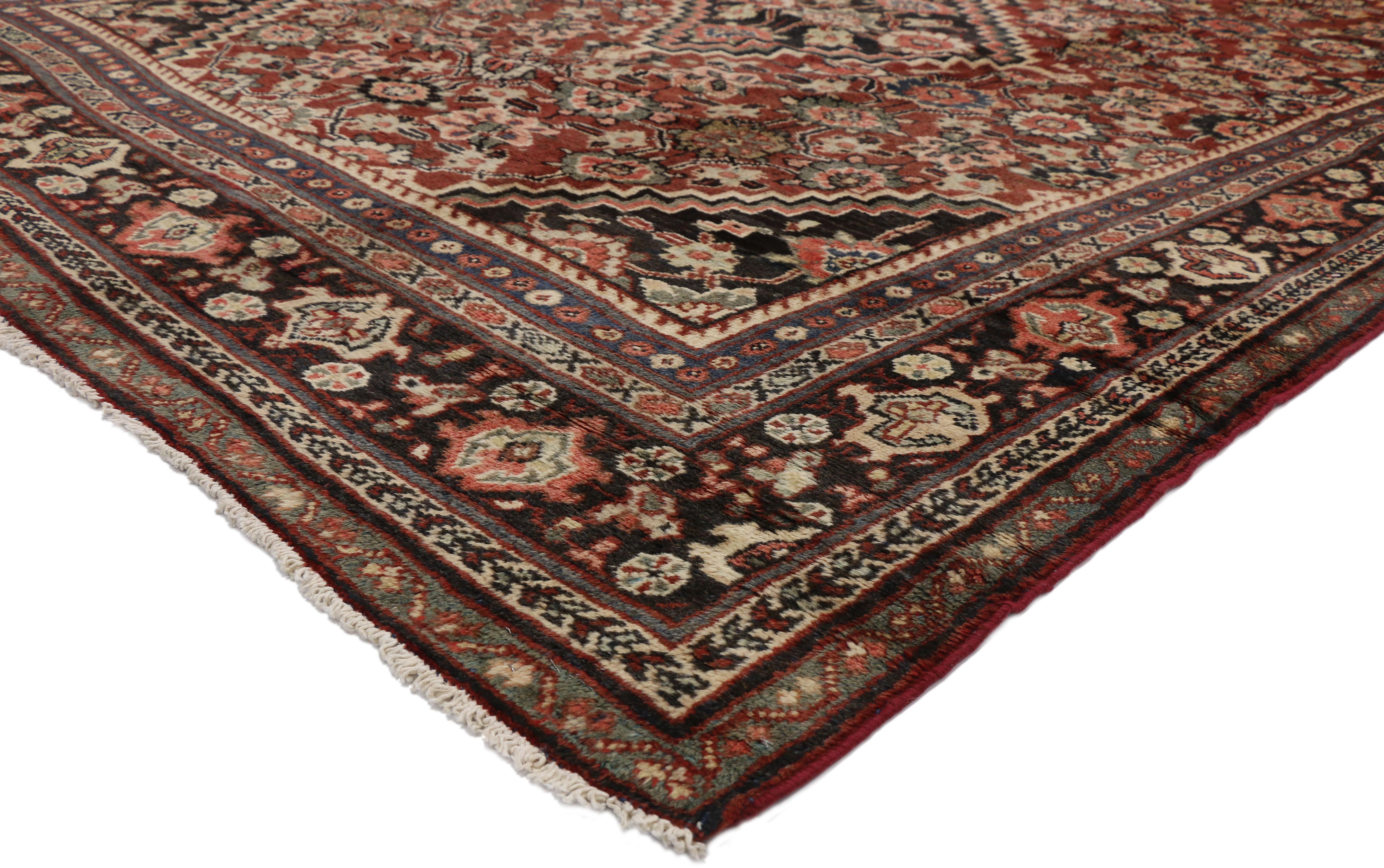 76318 Vintage Persian Mahal Rug with English Traditional Style 09'01 x 12'02. With its timeless design and architectural elements of naturalistic forms, this hand knotted wool vintage Persian Mahal rug beautifully embodies a warm Arts and Crafts