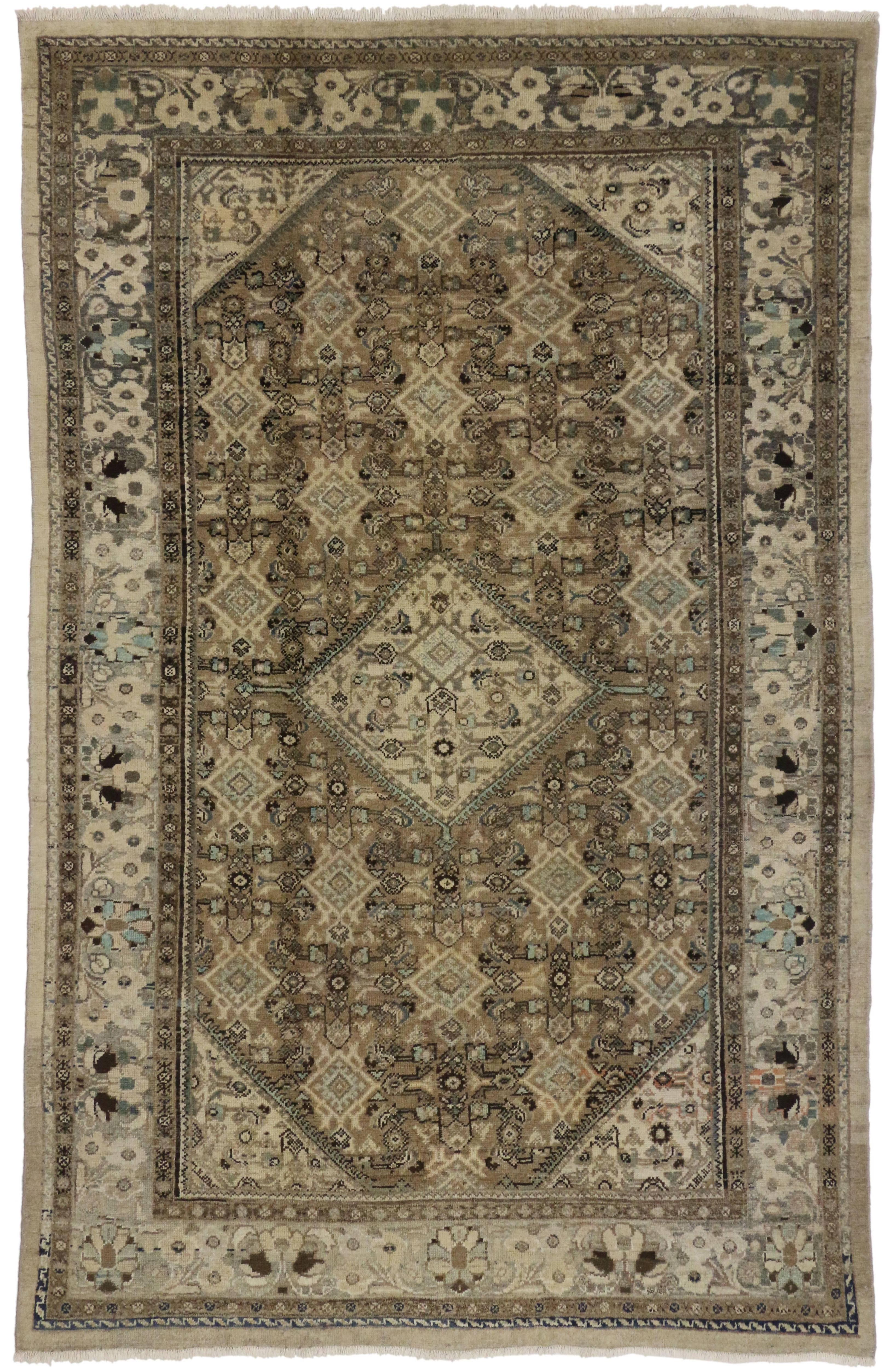 76505 Vintage Persian Mahal Rug with Rustic Chippendale Style 06'10 x 10'10. With its neutral colors and weathered beauty combined with nostalgic charm, this vintage Persian Mahal rug creates an inimitable warmth and calming ambiance.  The abrashed