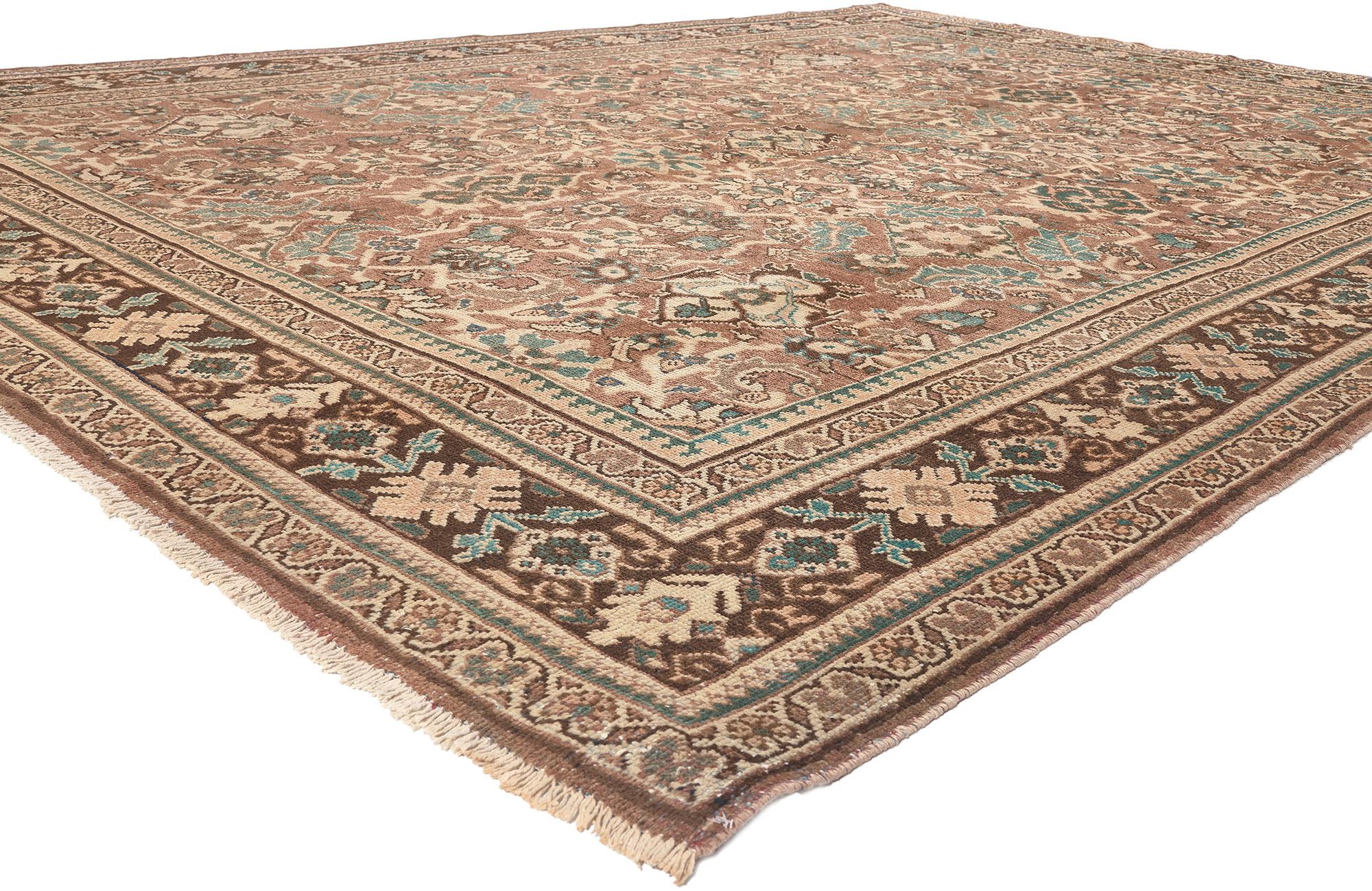 76313 Vintage Persian Mahal Rug, 09'01 x 12'07. With its timeless design and warm earth-tone colors, this hand knotted wool vintage Persian Mahal rug astounds with its beauty. It features an all-over Herati pattern with a botanical lattice composed