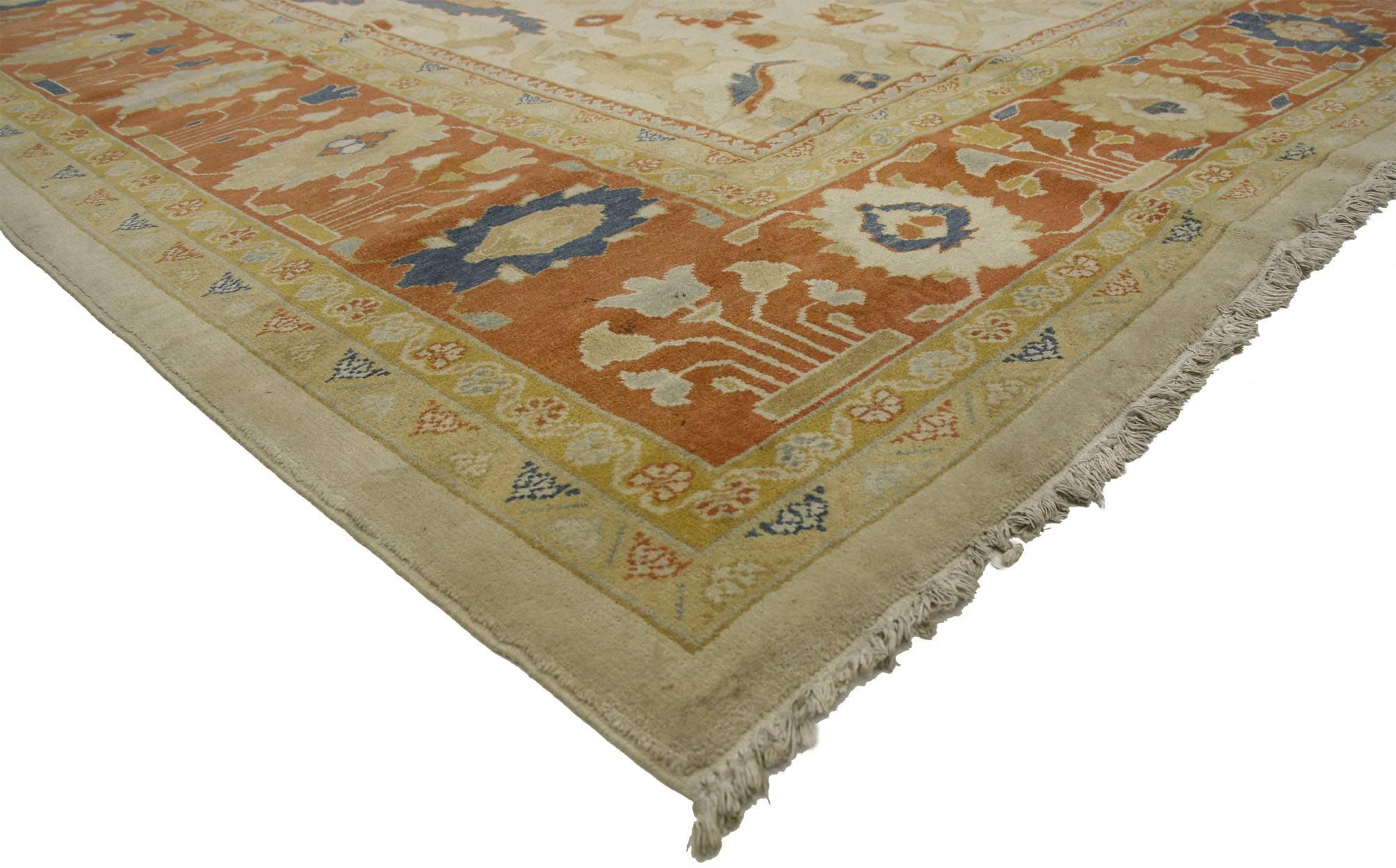 77117 Vintage Persian Mahal Rug with Mediterranean Style and Curled Sickle Leaf Design 10'03 x 14'02. ​This hand knotted wool vintage Persian Mahal rug beautifully showcases Mediterranean Style and Curled Sickle Leaf design. The lively all-over