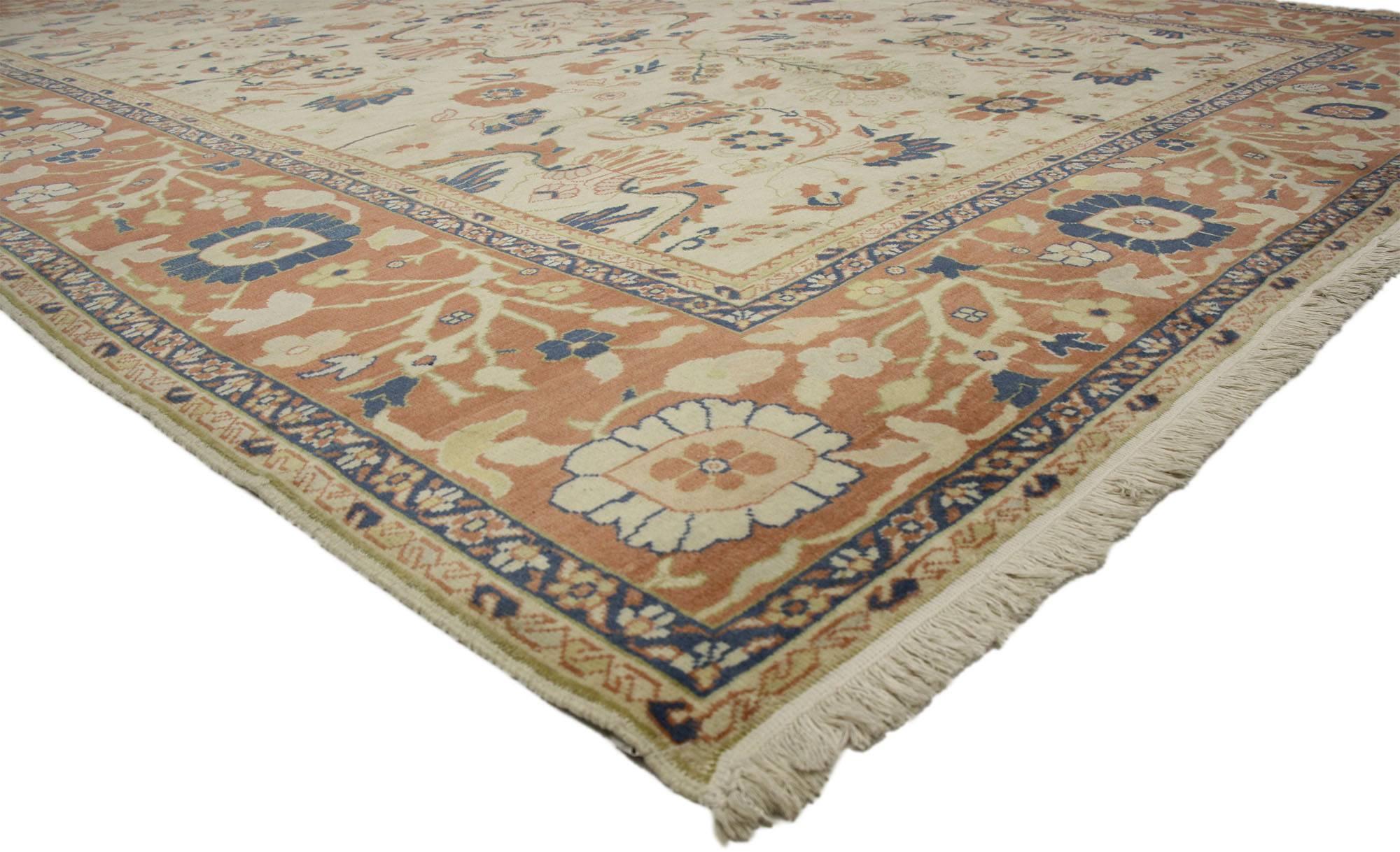 77114 Vintage Persian Mahal Rug with Rustic Italian Country Cottage Style 09'08 x 13'05. With warm terracotta hues and pops of royal blue inspired by Italy, this hand knotted wool vintage Persian Mahal rug beautifully embodies an Italian Country