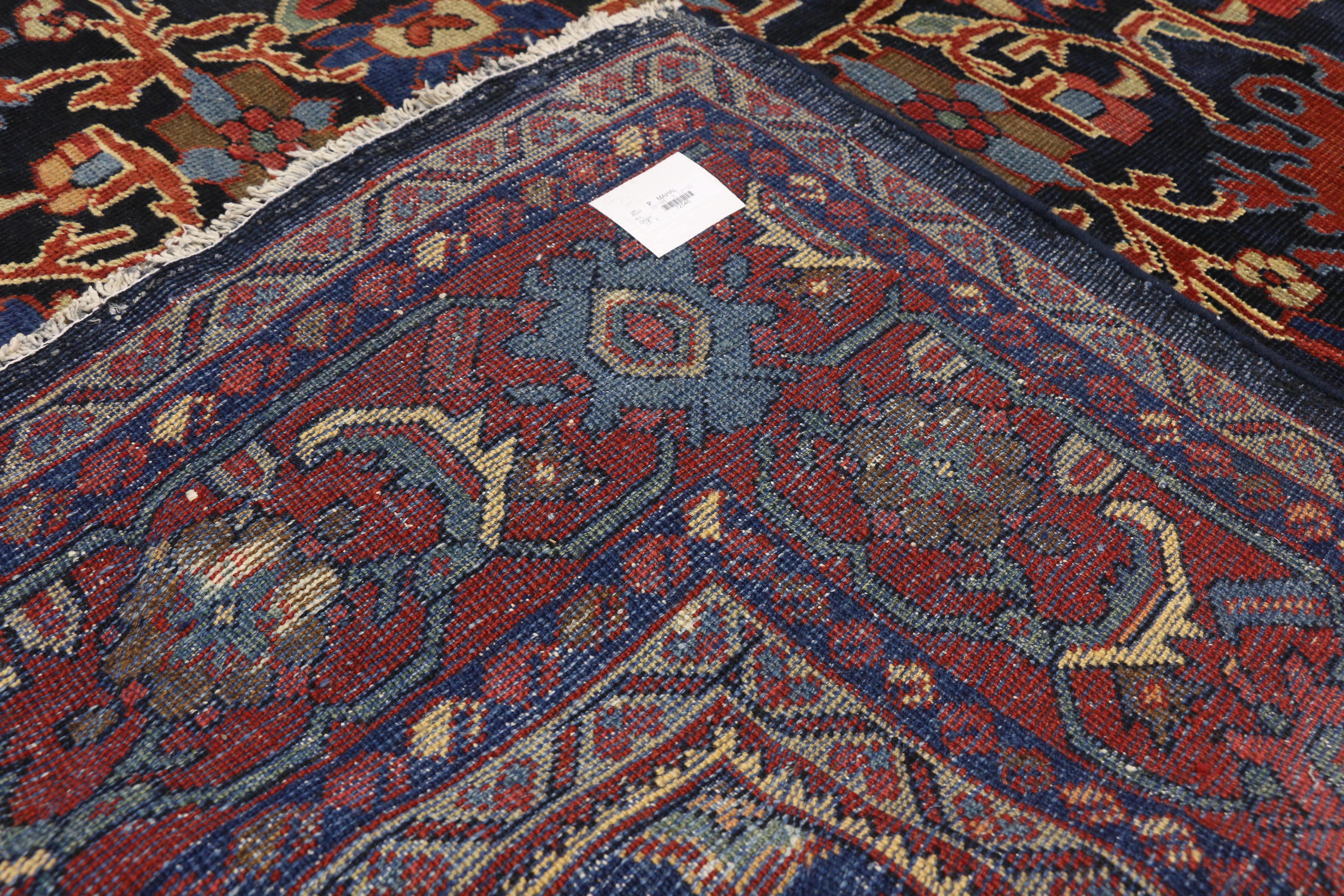 Distressed Antique Persian Mahal Rug with Rustic English Traditional Style  In Distressed Condition For Sale In Dallas, TX