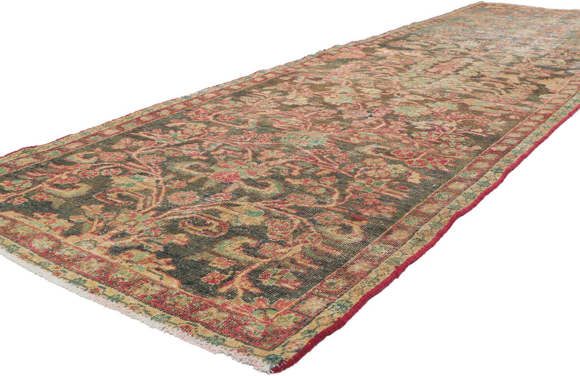 Vintage Persian mahal runner, measures: 03'06 x 12'09.
With its rugged beauty and rustic sensibility, this hand knotted wool distressed vintage ?Persian Mahal runner will take on a curated lived-in look that feels timeless while imparting a sense