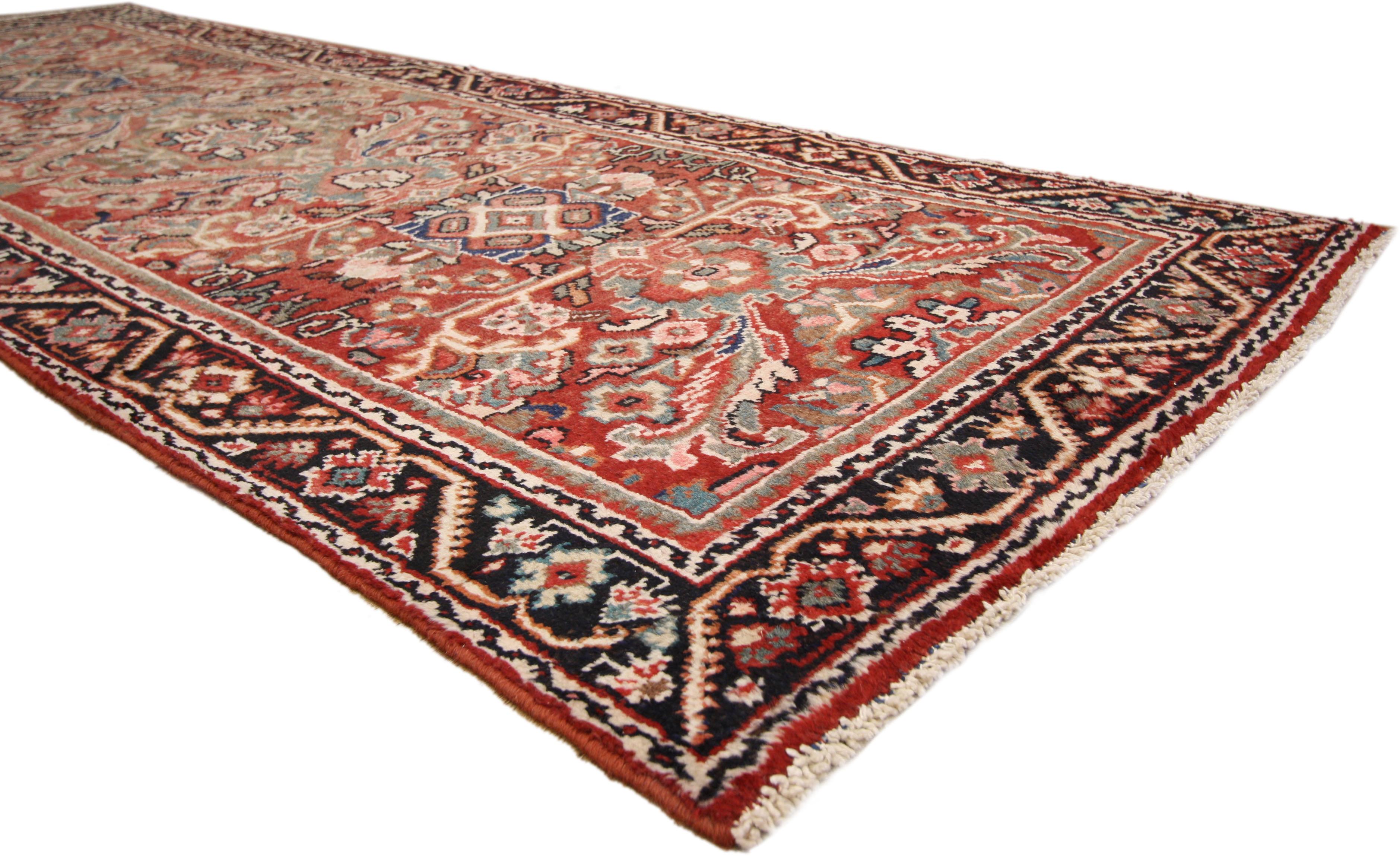 75980, vintage Persian Mahal runner, Traditional Style hallway runner. This hand knotted wool vintage Persian Mahal runner features a Sultanabad design composed of large scale Herati motif alternating with square shapes, blooming palmettes,