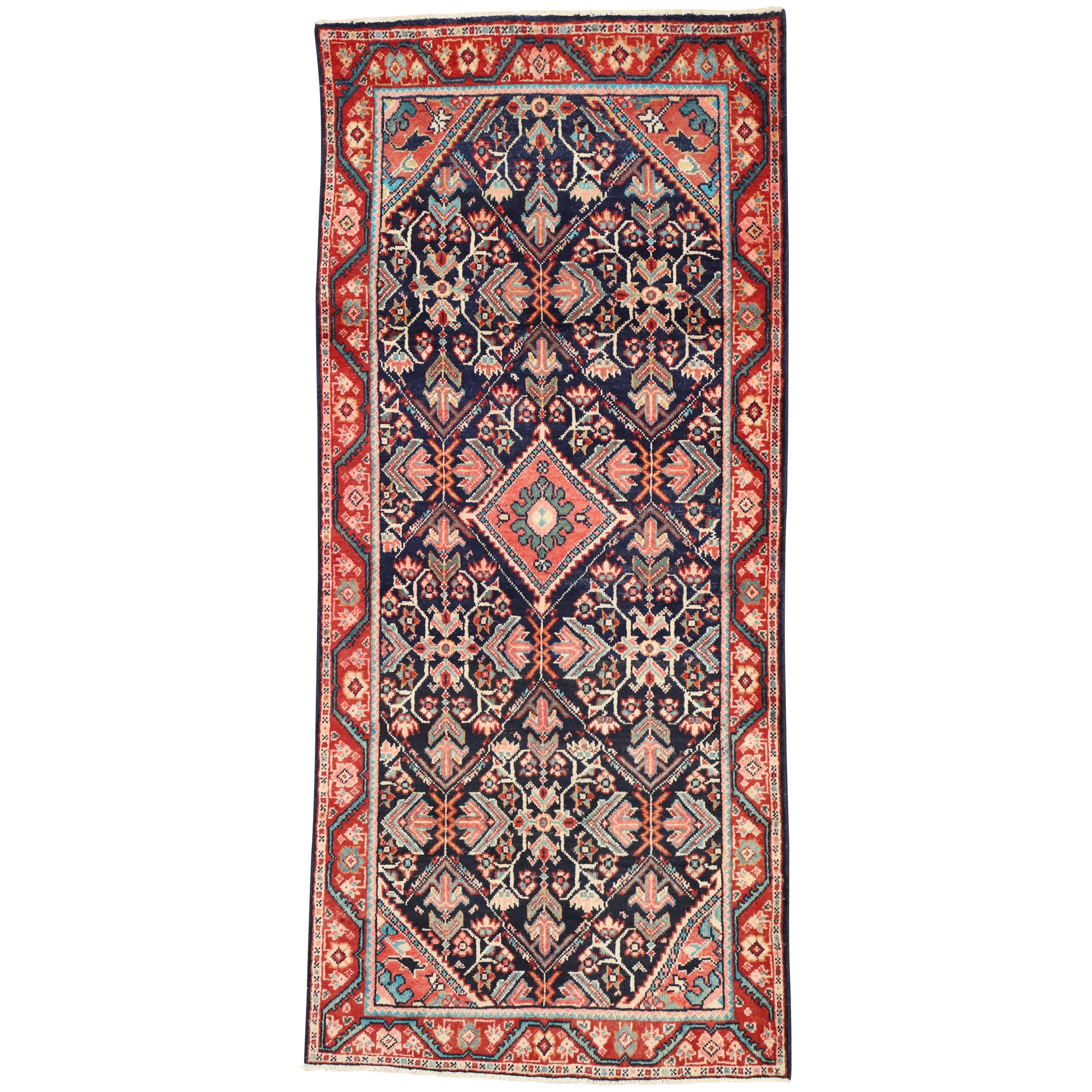 76003 Vintage Persian Mahal Runner with Traditional Style, Wide Hallway Runner 03'07 x 08'00. This hand knotted wool vintage Persian Mahal runner features a stepped lozenge center medallion with four anchor pendants floating amongst a hexagonal