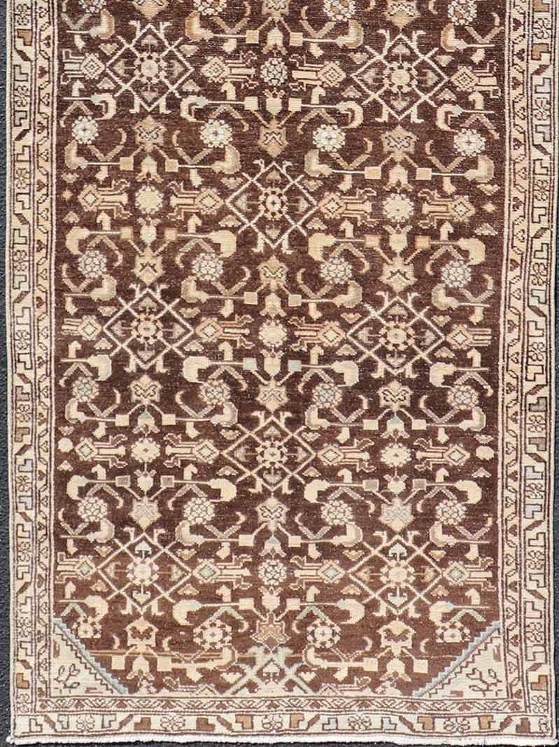 Measures: 3'3 x 9'11 
Vintage Persian Mahal Runner with All-Over Herati Design. Keivan Woven Arts / rug EN-14504, country of origin / type: Iran / Mahal, circa 1940

This Persian vintage mahal runner from mid-20th century features a arrangement of