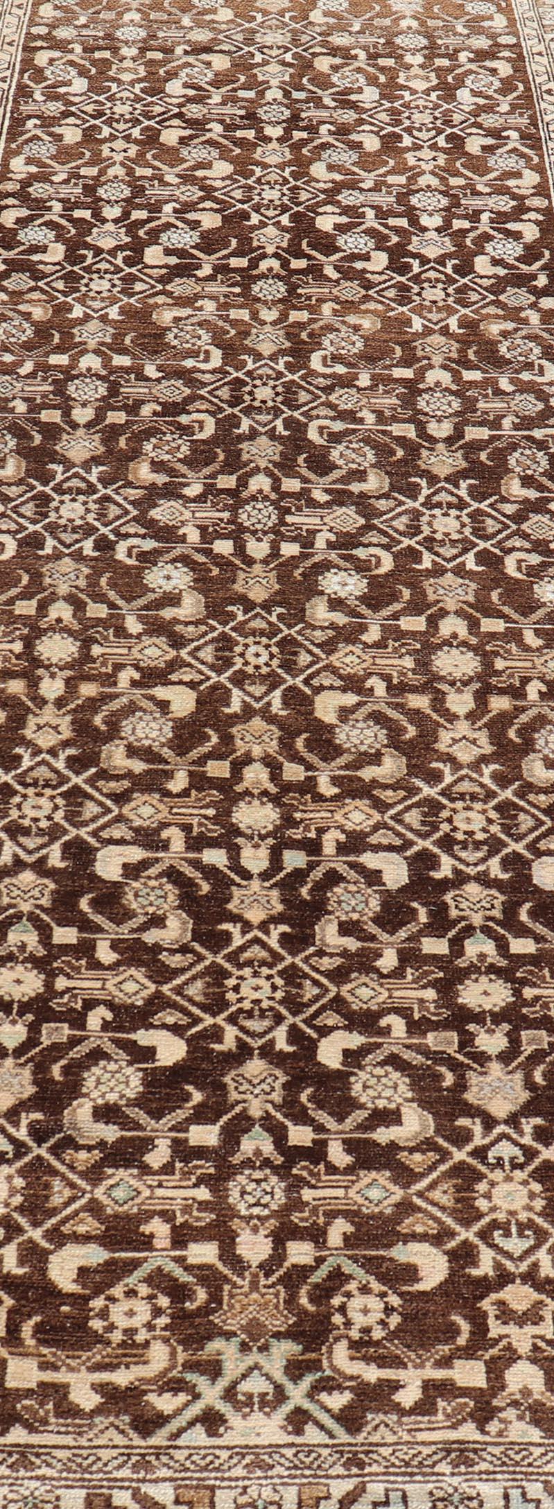 Vintage Persian Mahal Runner with All-Over Herati Design in Brown In Good Condition For Sale In Atlanta, GA
