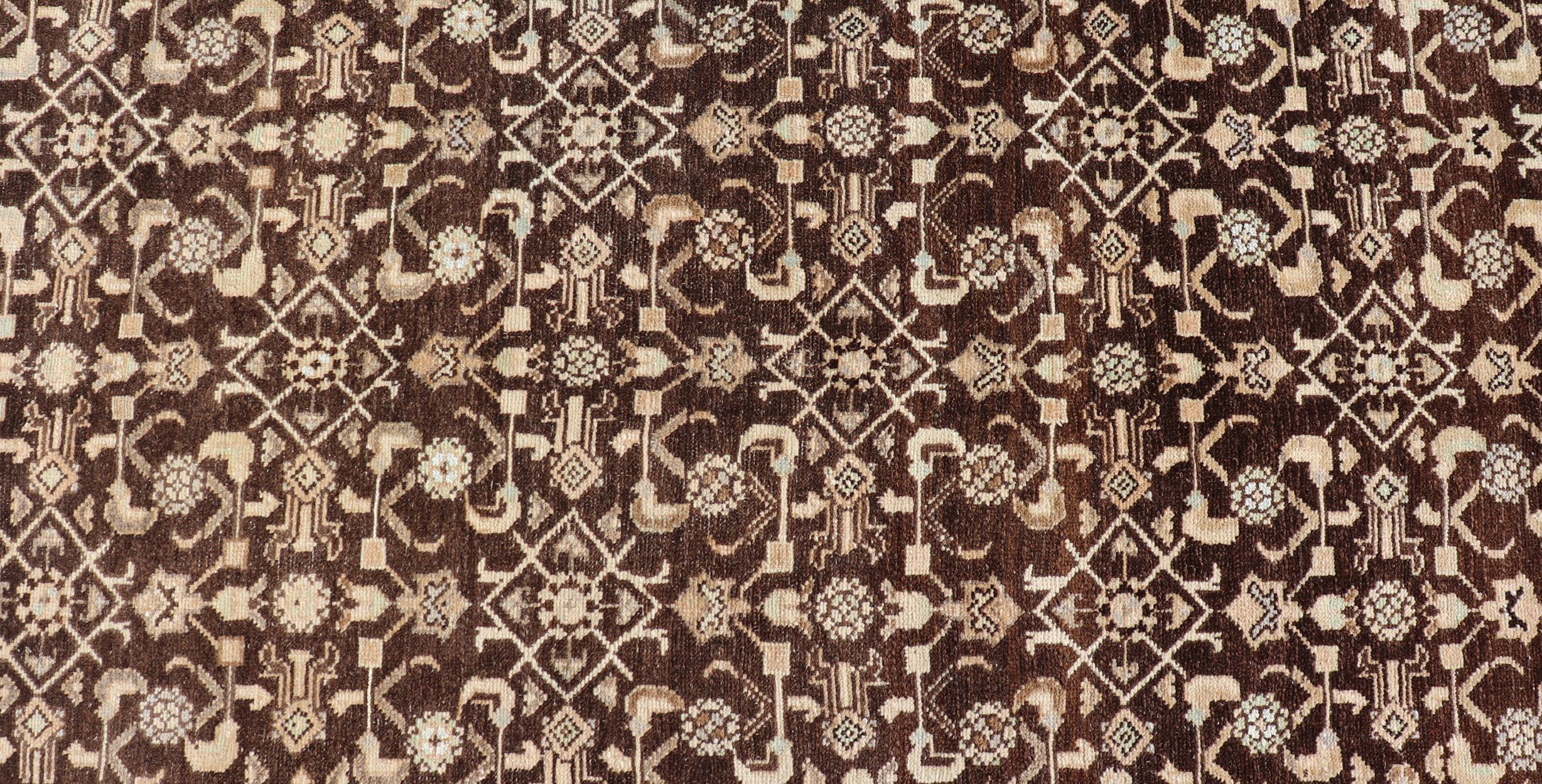 Wool Vintage Persian Mahal Runner with All-Over Herati Design in Brown For Sale