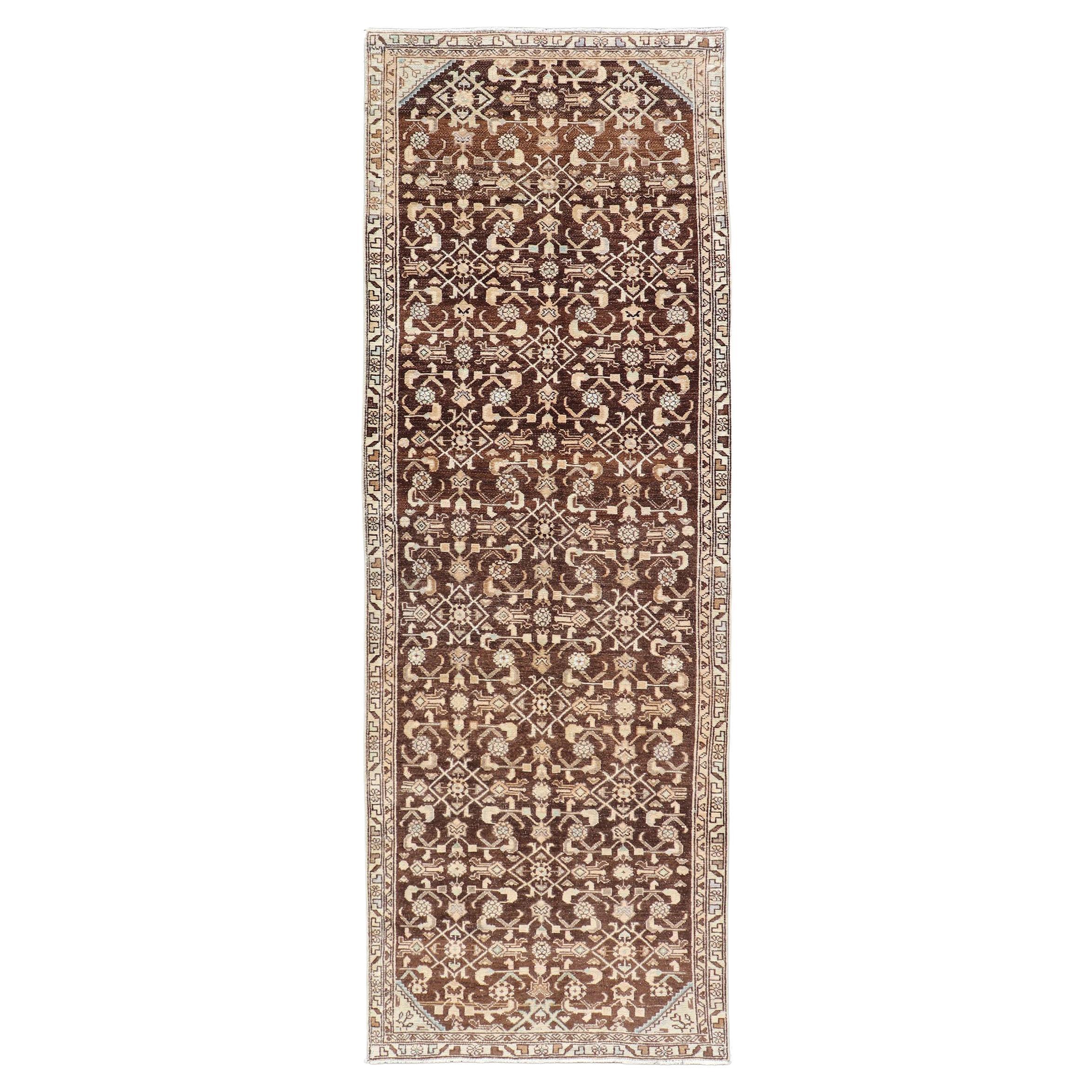Vintage Persian Mahal Runner with All-Over Herati Design in Brown For Sale