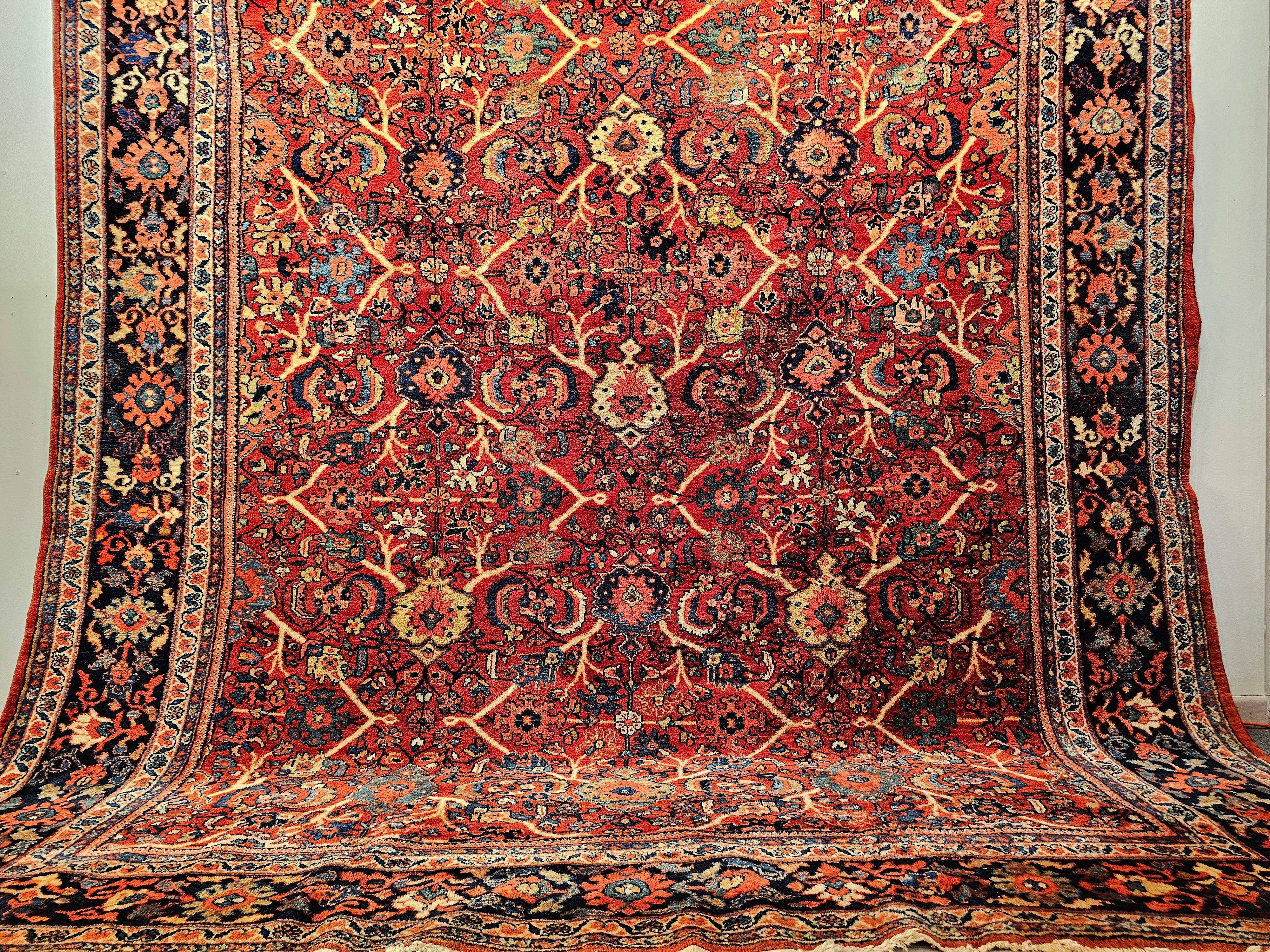 Wool Vintage Persian Mahal Sultanabad in All Over Large Pattern in Red, Navy Blue For Sale