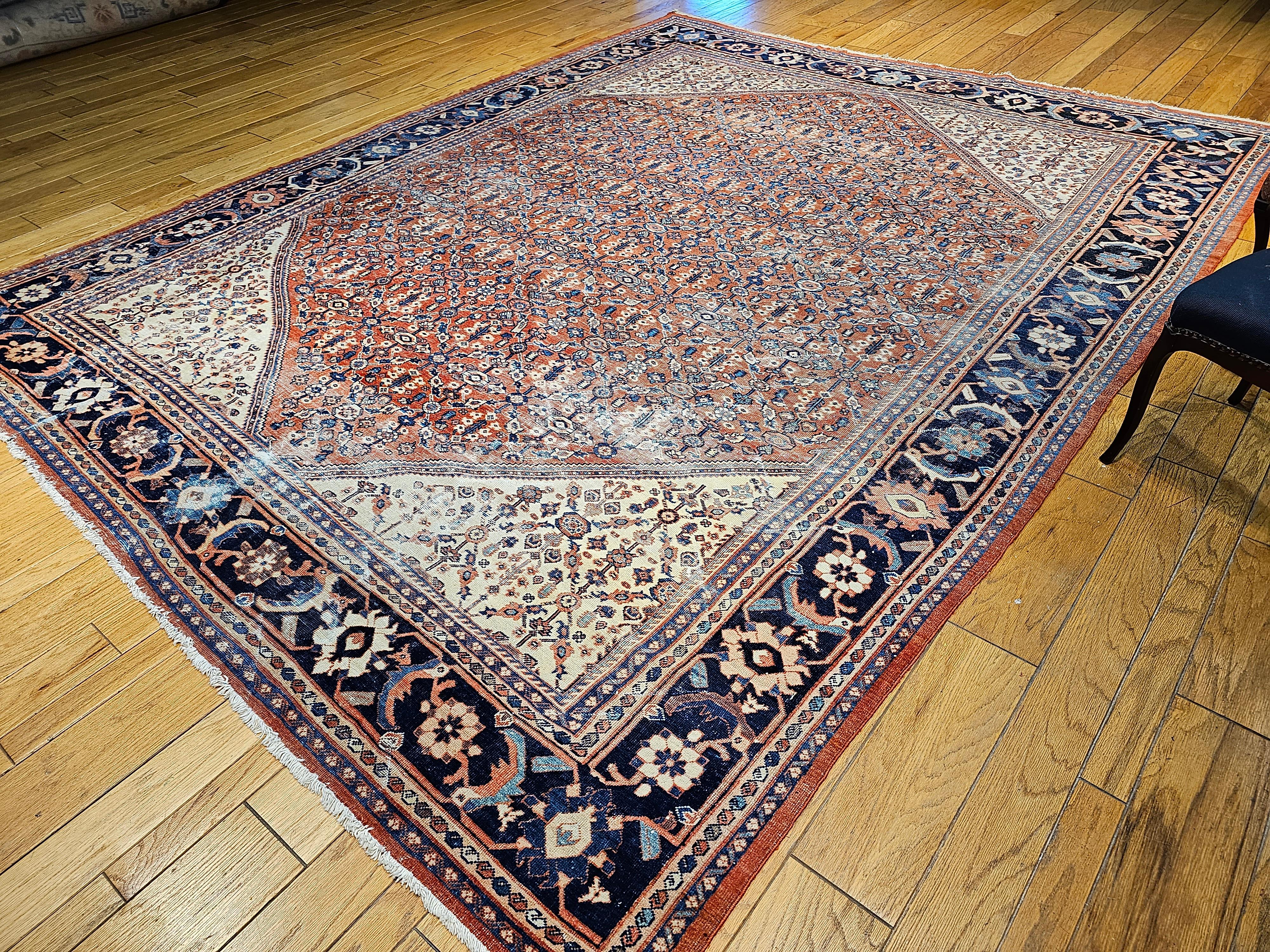 Vintage Persian Mahal Sultanabad in an Allover Pattern in Brick Red, Ivory, Navy For Sale 4