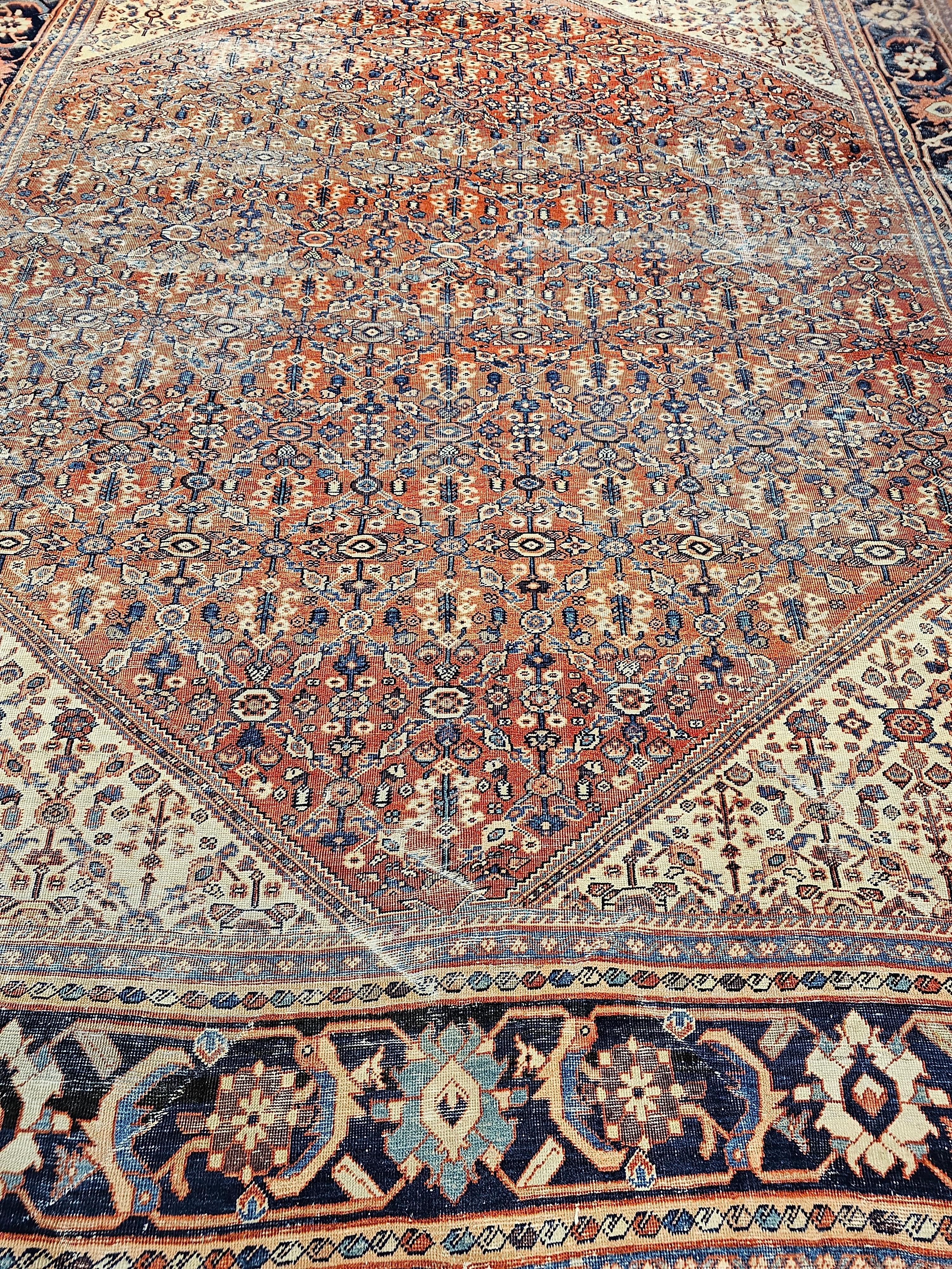 Vintage Persian Mahal Sultanabad in an Allover Pattern in Brick Red, Ivory, Navy For Sale 7