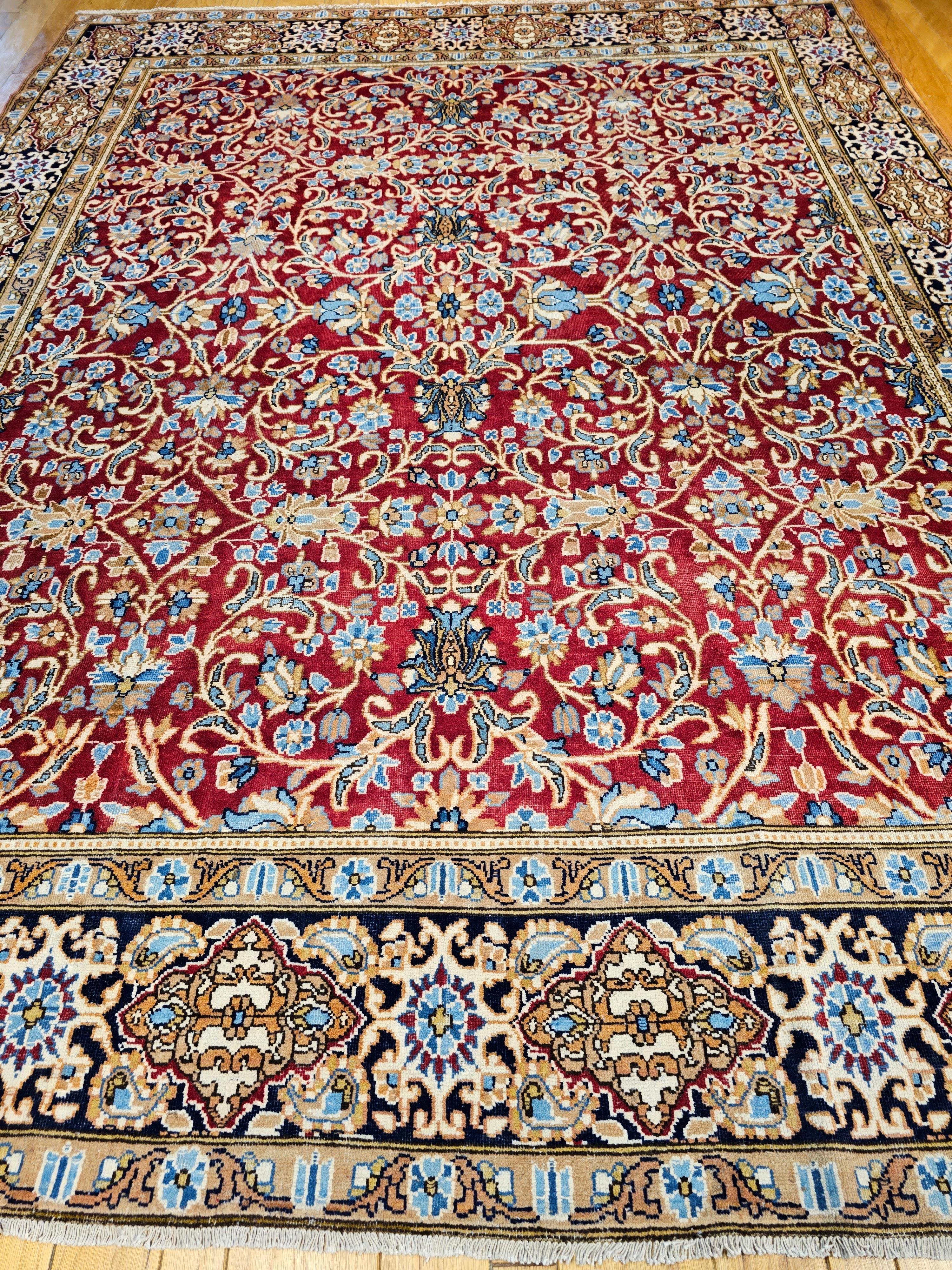 Hand-Woven Vintage Persian Mahal Sultanabad in an Allover Pattern in Red, Baby Blue, Navy For Sale