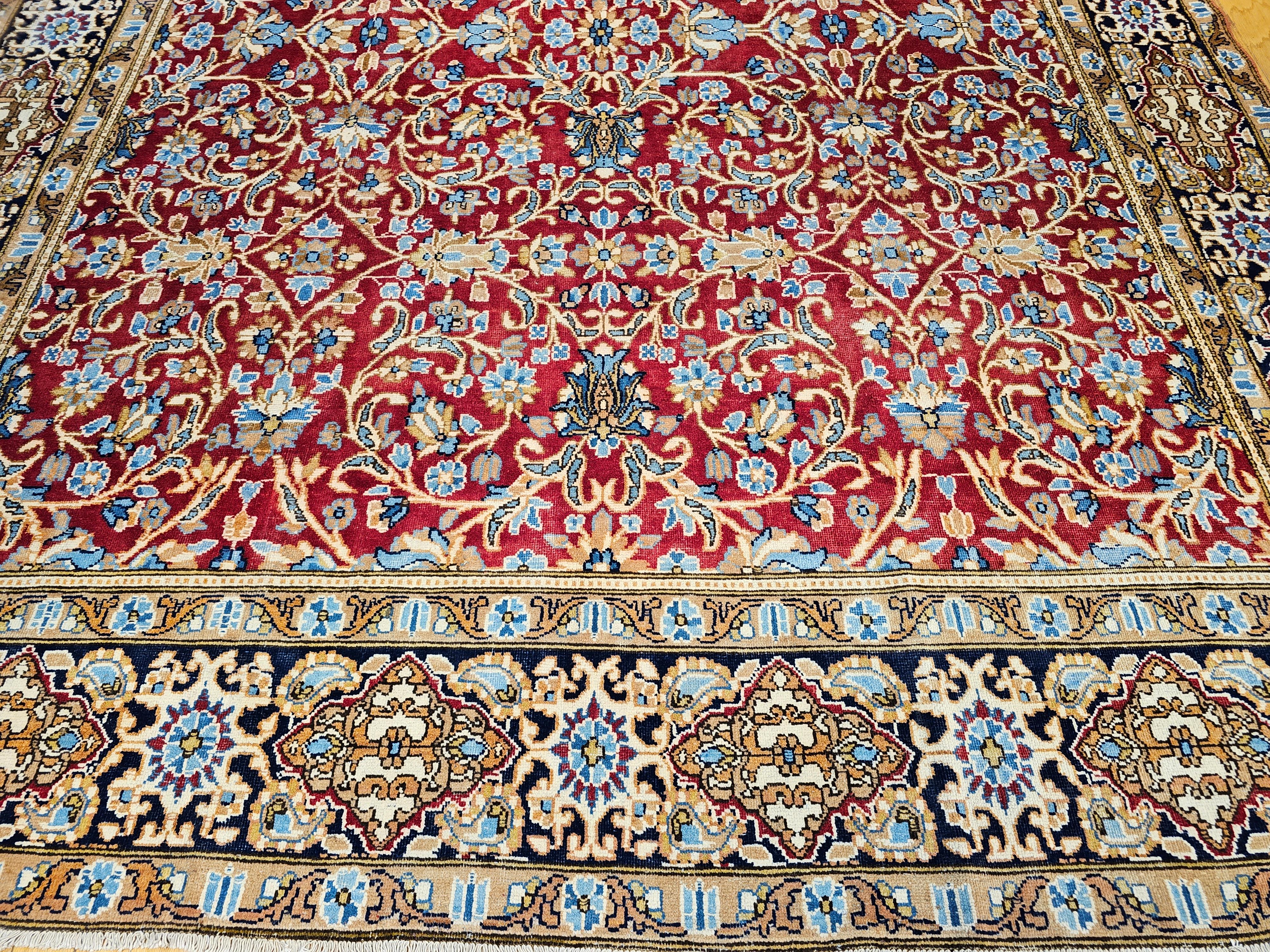 Vintage Persian Mahal Sultanabad in an Allover Pattern in Red, Baby Blue, Navy In Good Condition For Sale In Barrington, IL