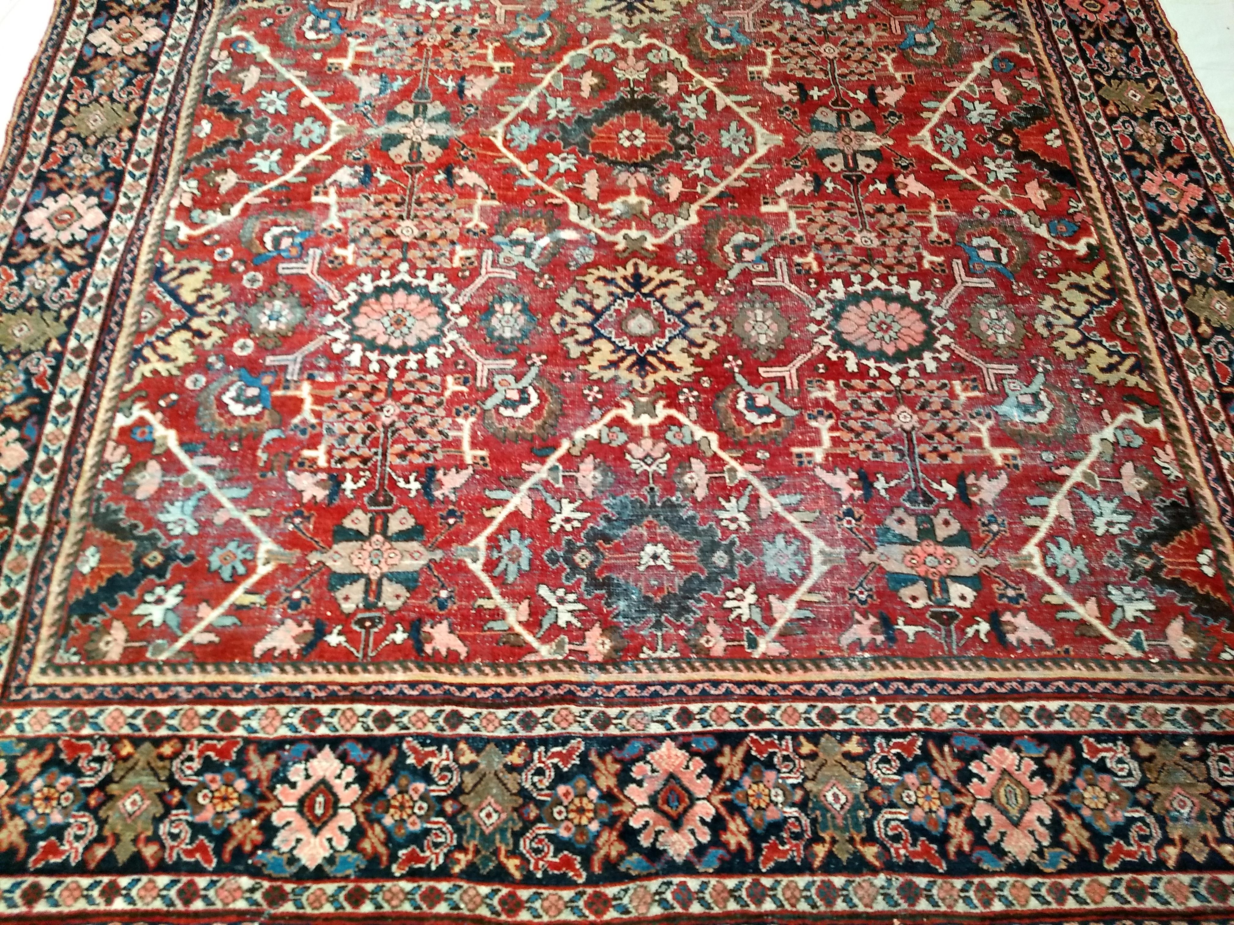 19th Century Vintage Persian Mahal Sultanabad in an Allover Pattern in Red, Navy, Yellow For Sale