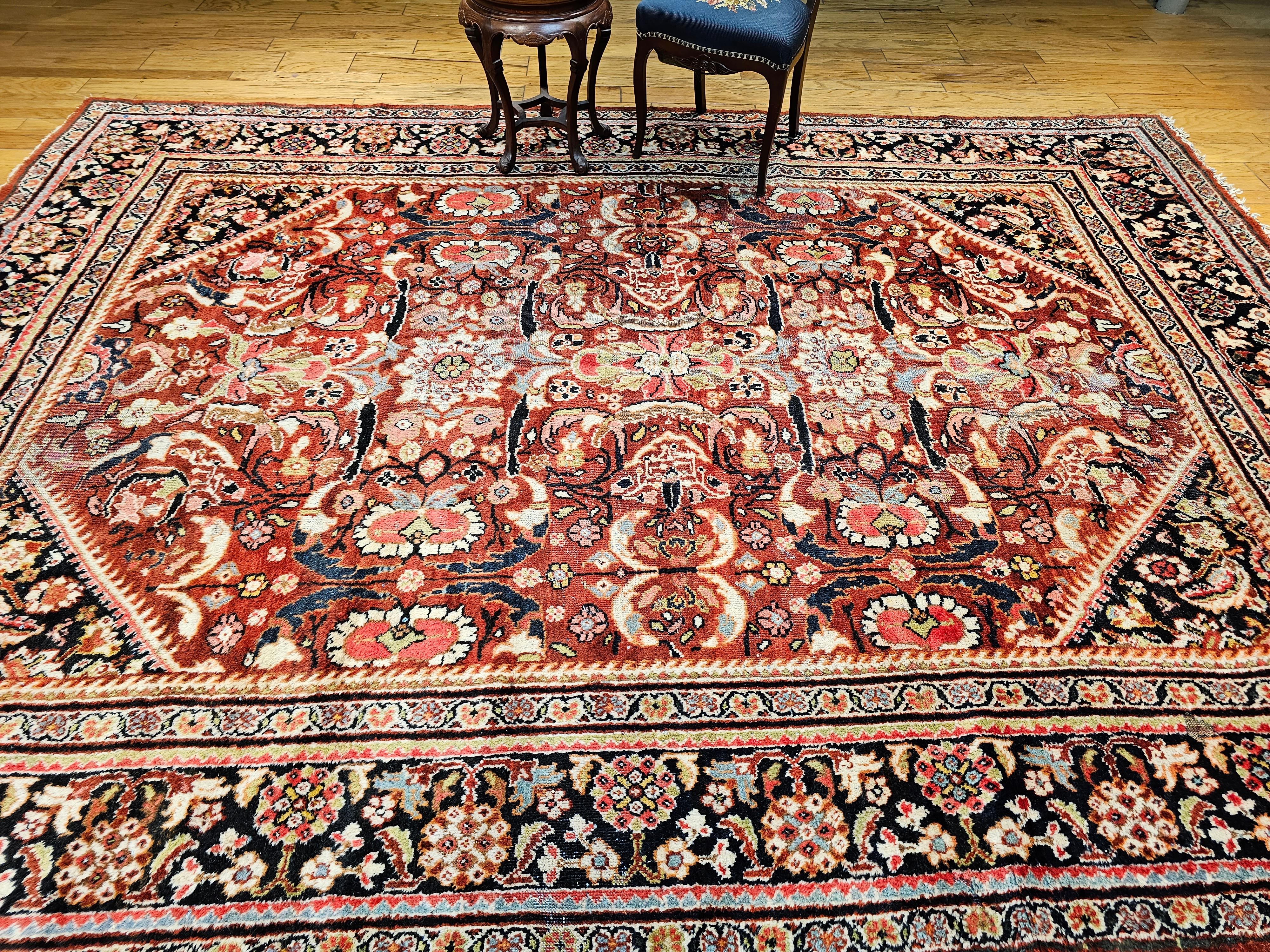 Vintage Persian Mahal Sultanabad in an Allover Pattern in Rust Red, Navy Blue For Sale 8