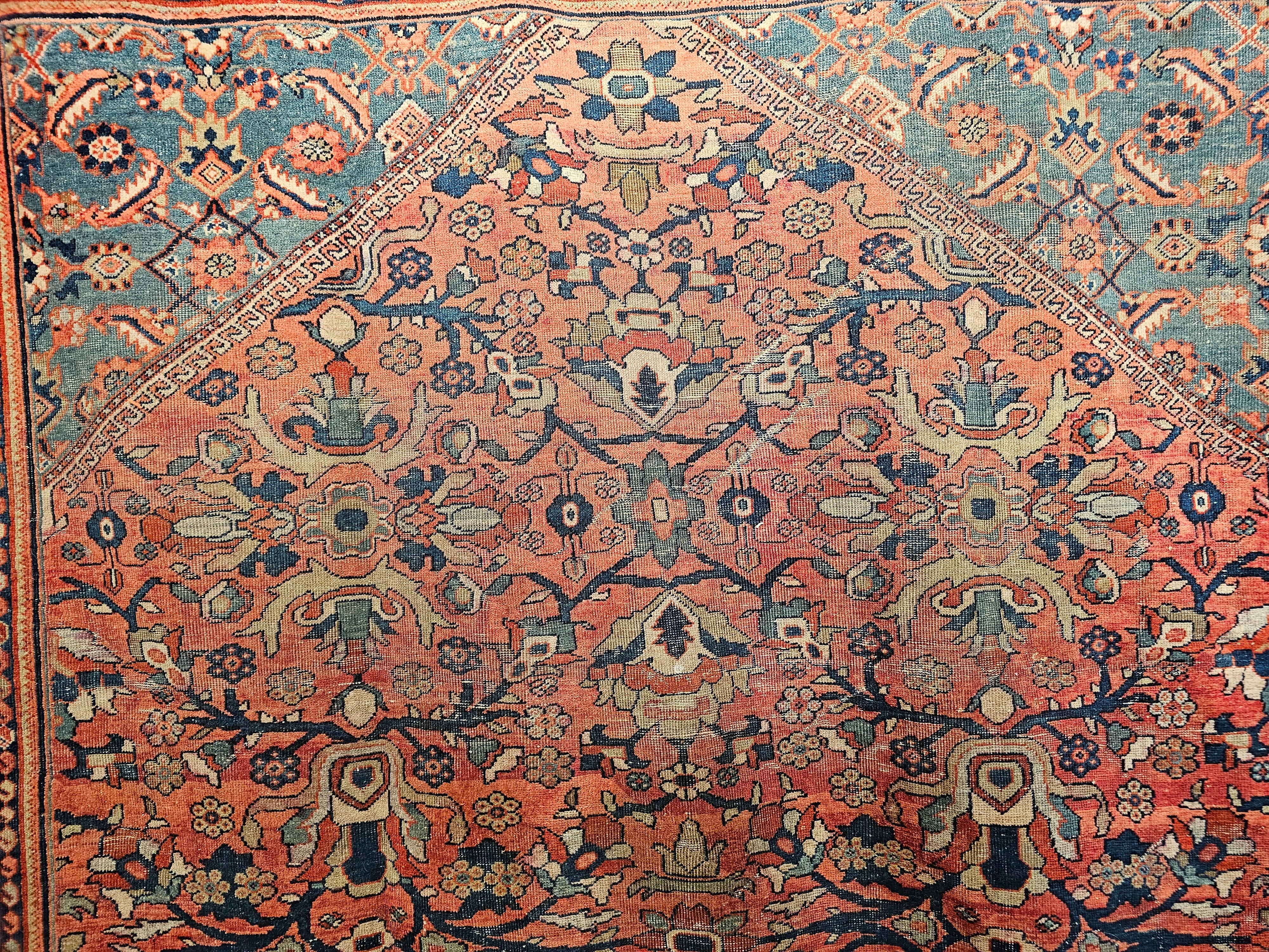 Vintage Persian Mahal Sultanabad in Large Allover Pattern in Rust Red, Turquoise For Sale 1