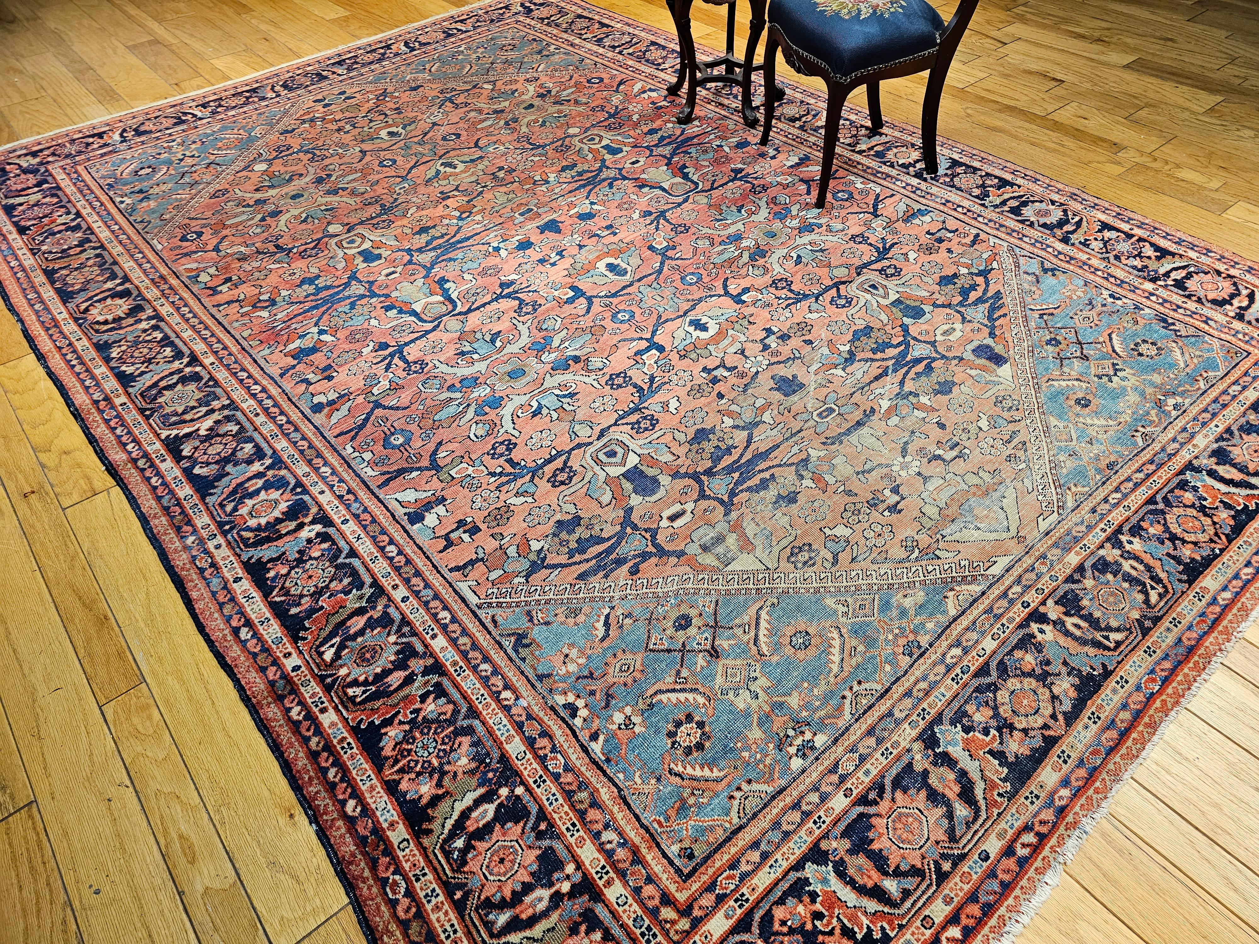 Vintage Persian Mahal Sultanabad in Large Allover Pattern in Rust Red, Turquoise For Sale 8